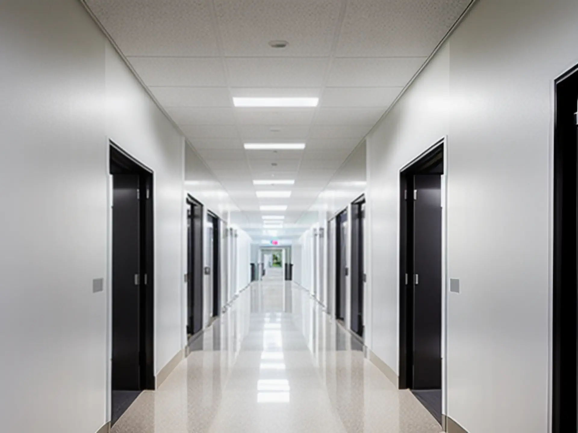 Moderne kantoorgang met zwarte deuren en strakke verlichting