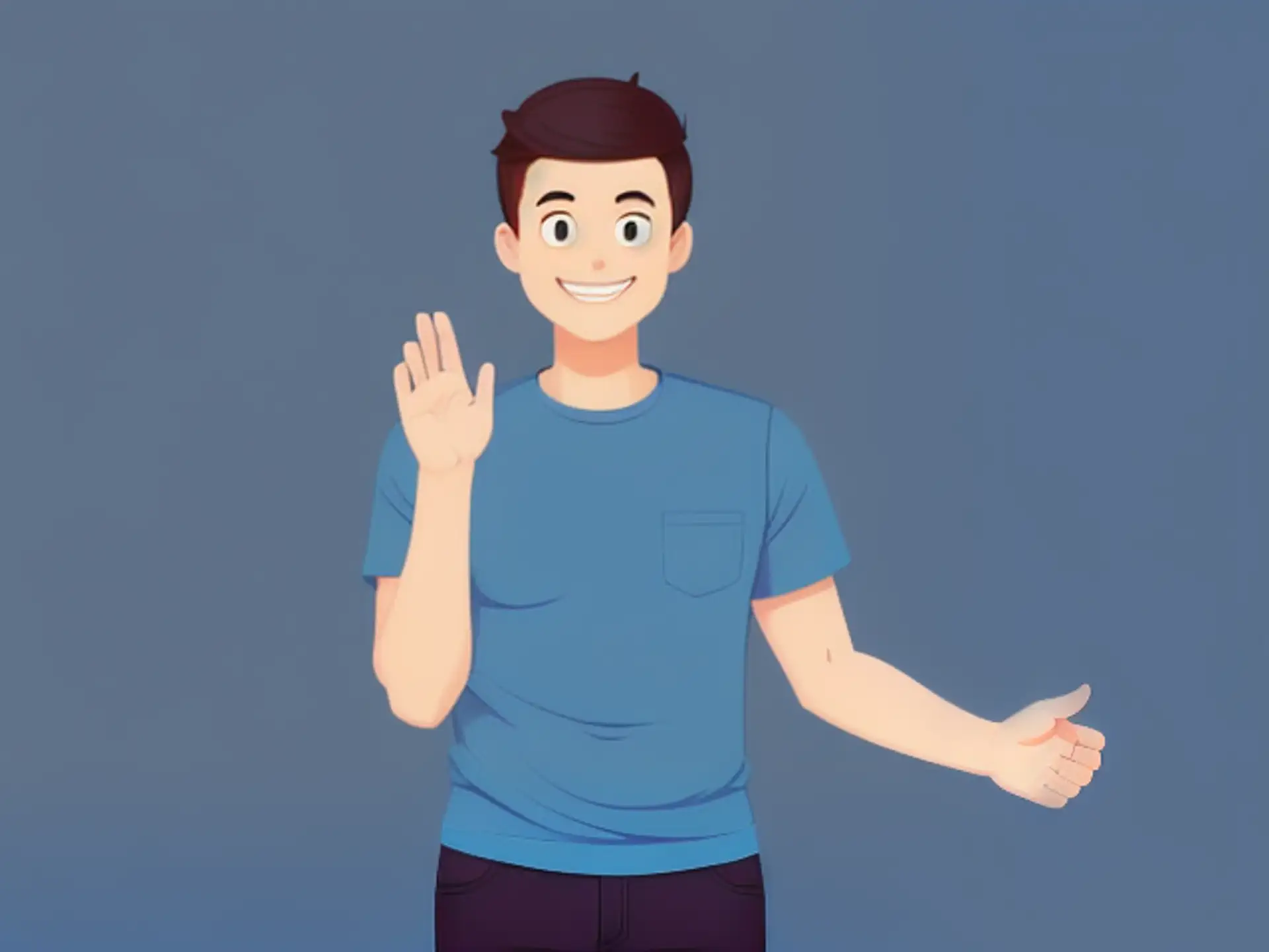 Vrolijke cartoon illustratie met verwelkomend handgebaar en blauw