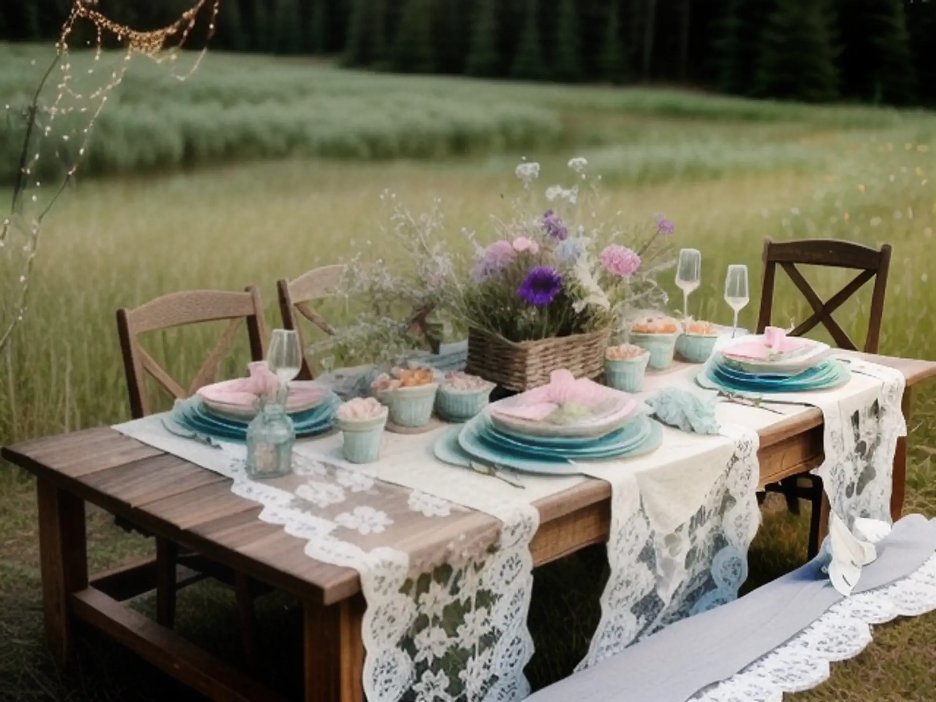 Romantische buitentafel styling met kant en pasteltinten