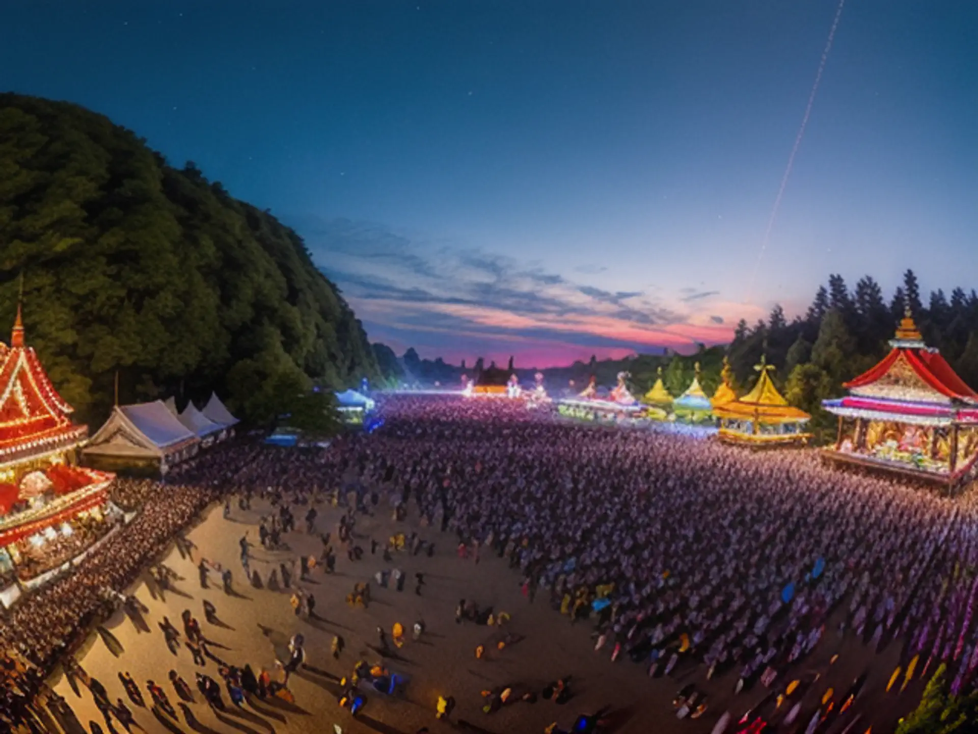 Sfeervol muziekfestival bij zonsondergang met kleurrijke