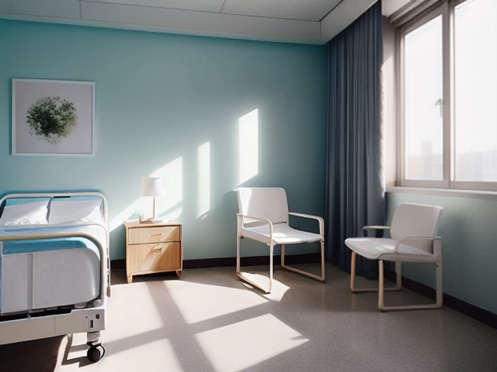 Moderne ziekenhuiskamer met turquoise muur en natuurlijk zonlicht