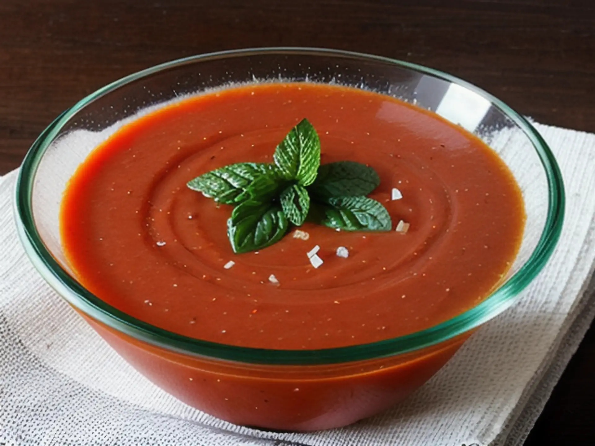 Verse tomatensoep met basilicum en zeezout in glazen schaal