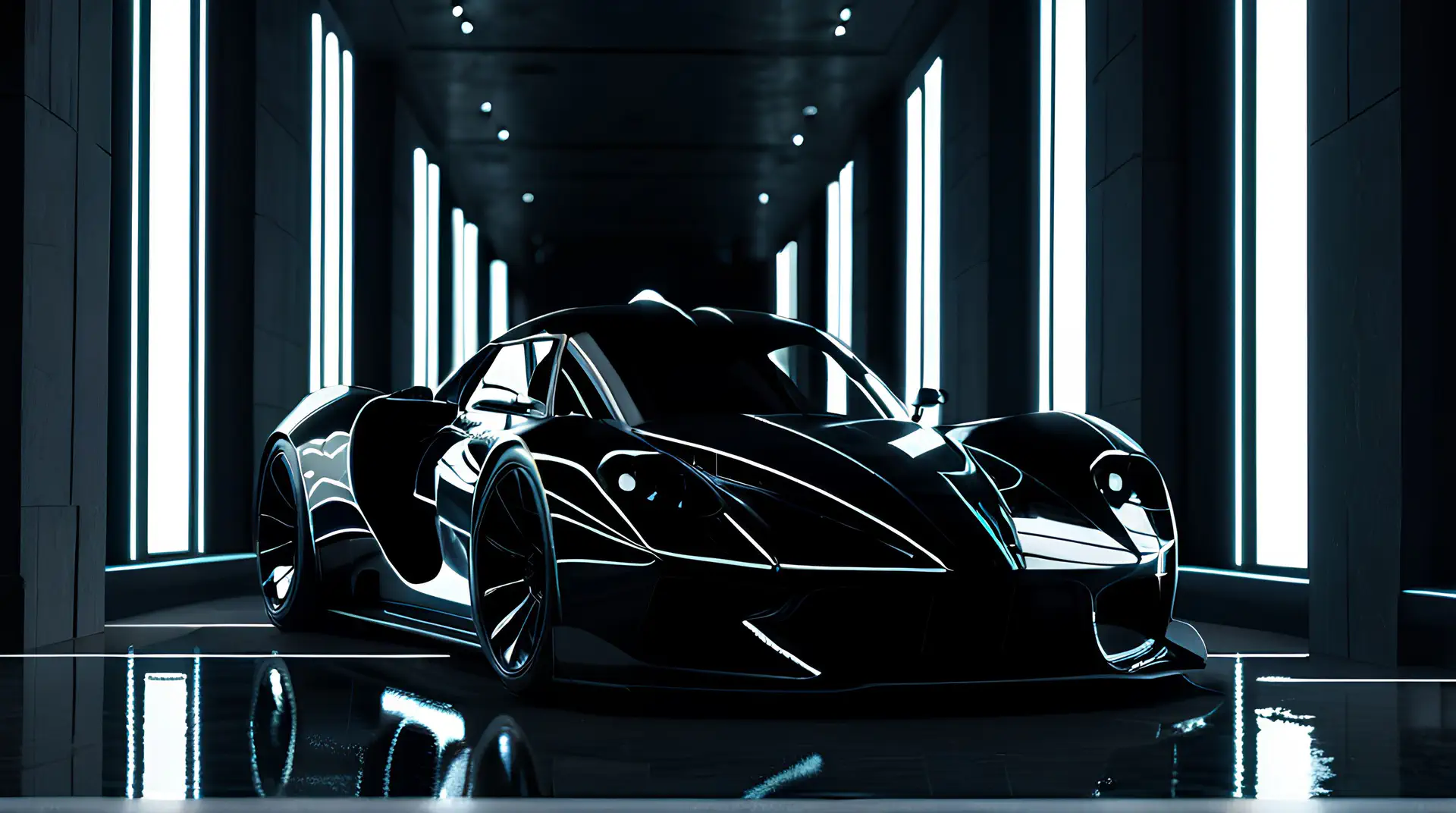 Zwarte Hypercar in Minimalistische Futuristische Showroom 4K Wallpaper