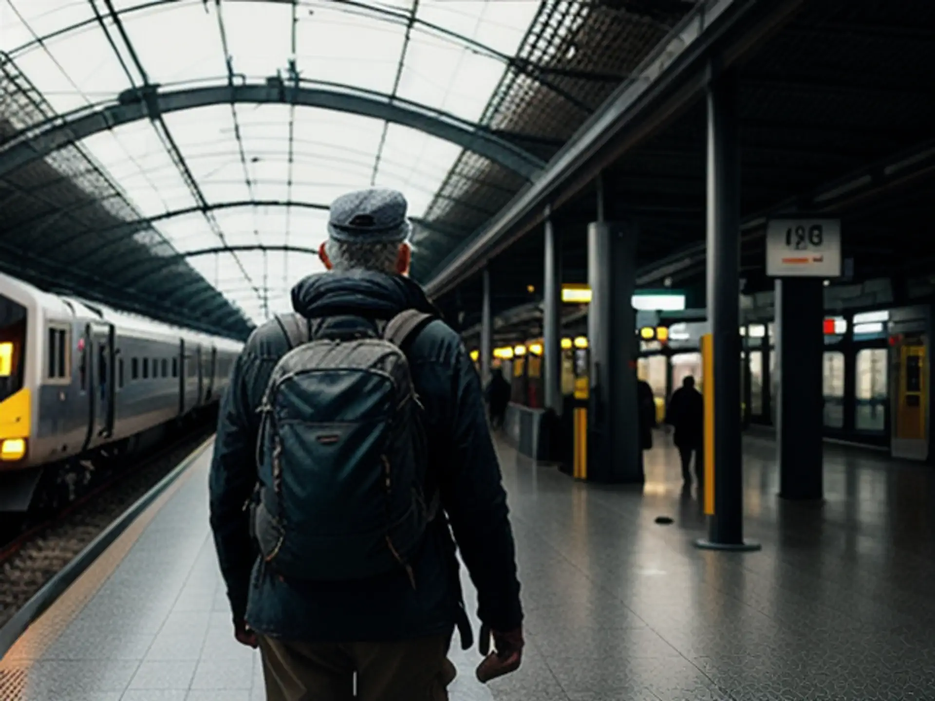 Reiziger met rugzak op verlaten treinstation tijdens ochtendspits