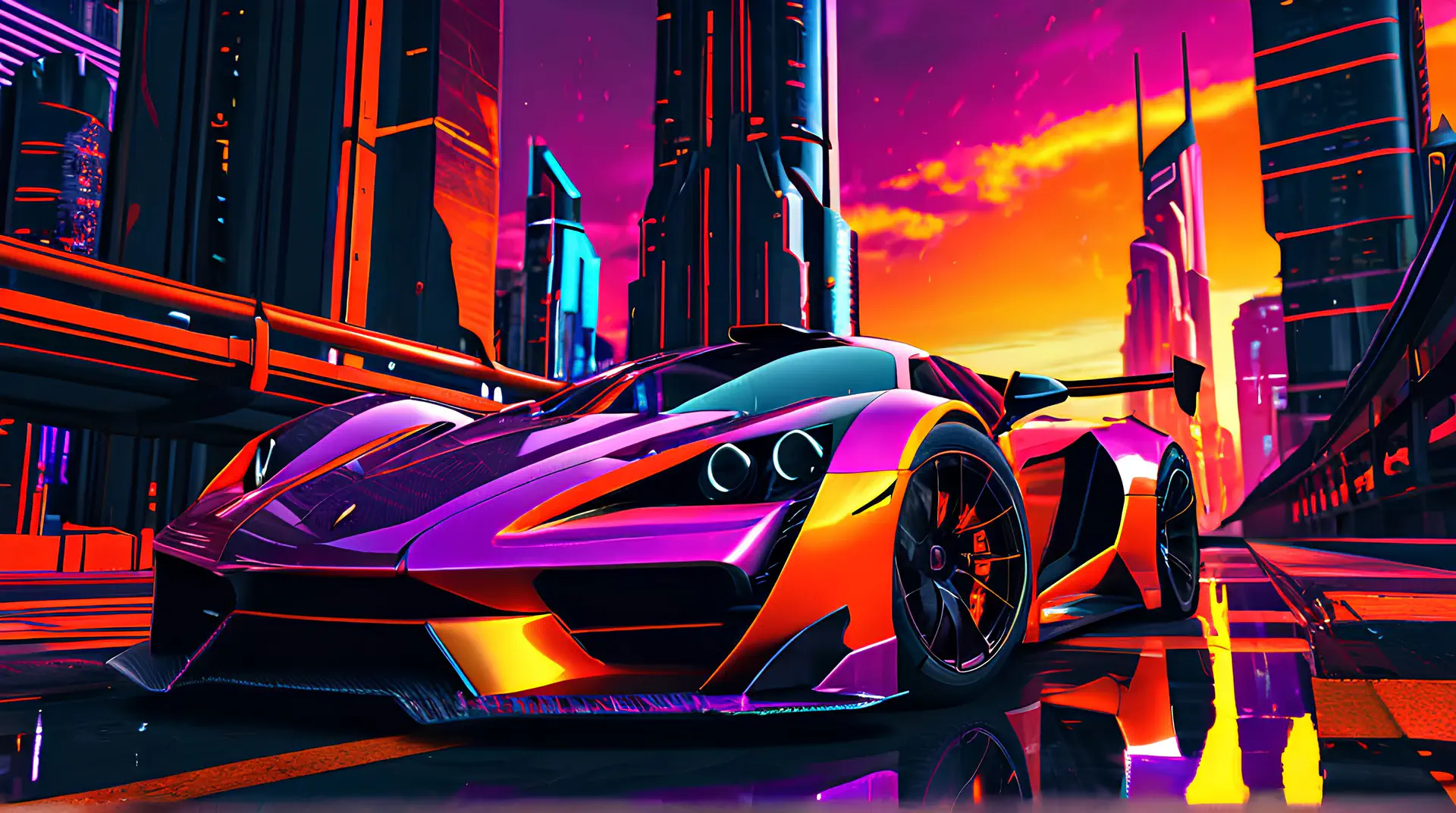 Paarse Hypercar in Neon Metropolis 4K Wallpaper