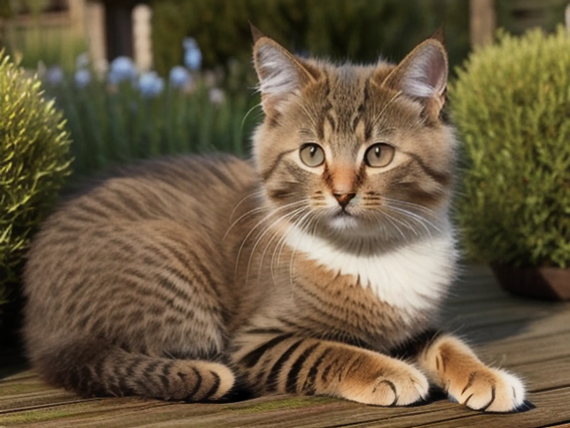 Gestreepte kat met witte bef poserend in zomerse tuinsetting