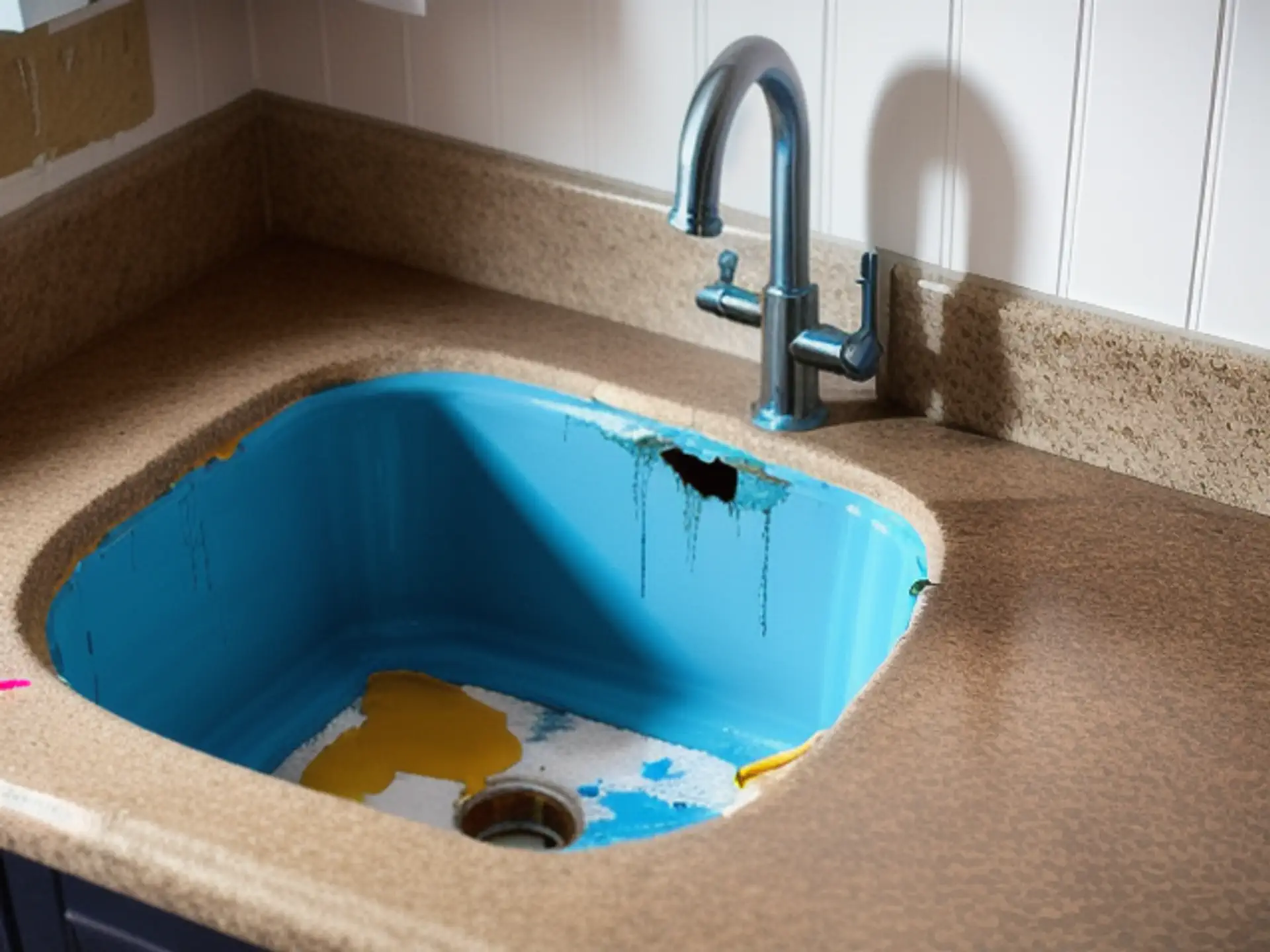 Beschadigde gootsteen met afbladderende blauwe coating in keukenblad