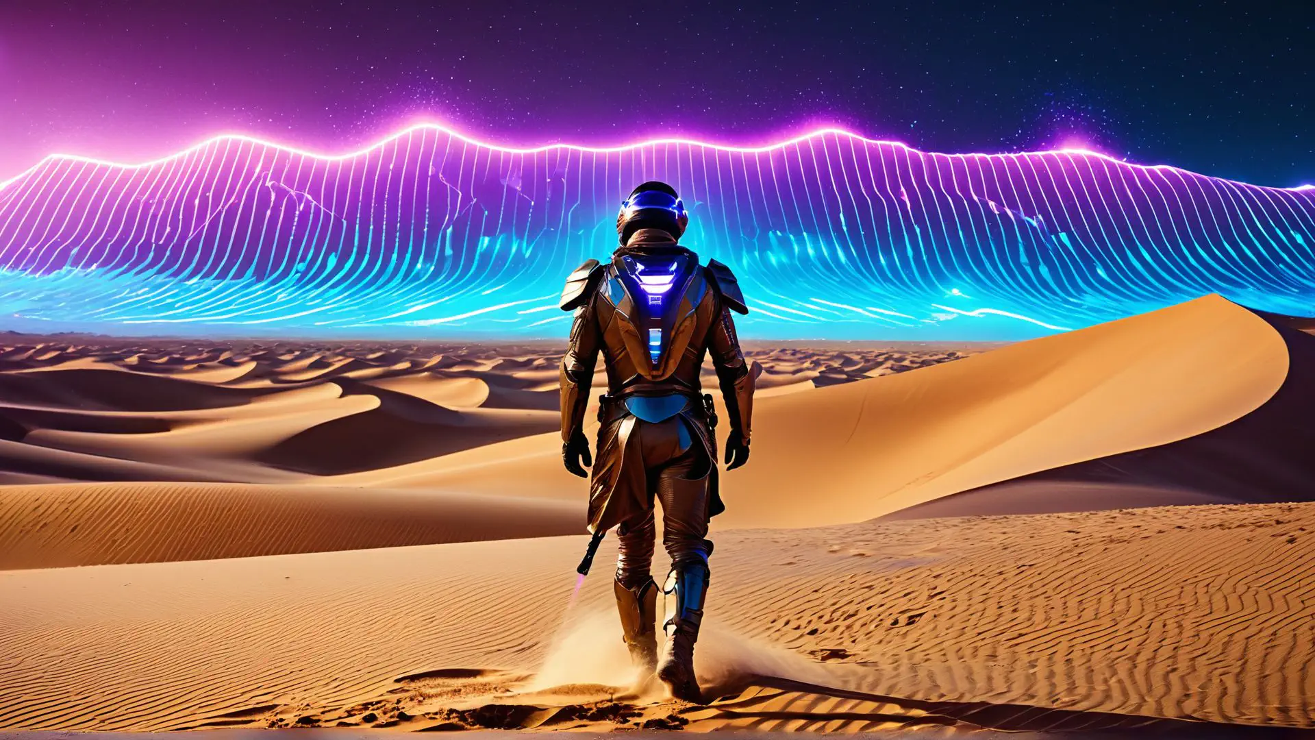 Futuristisch ruimtepak in woestijn onder neonkleurige lichtgolven