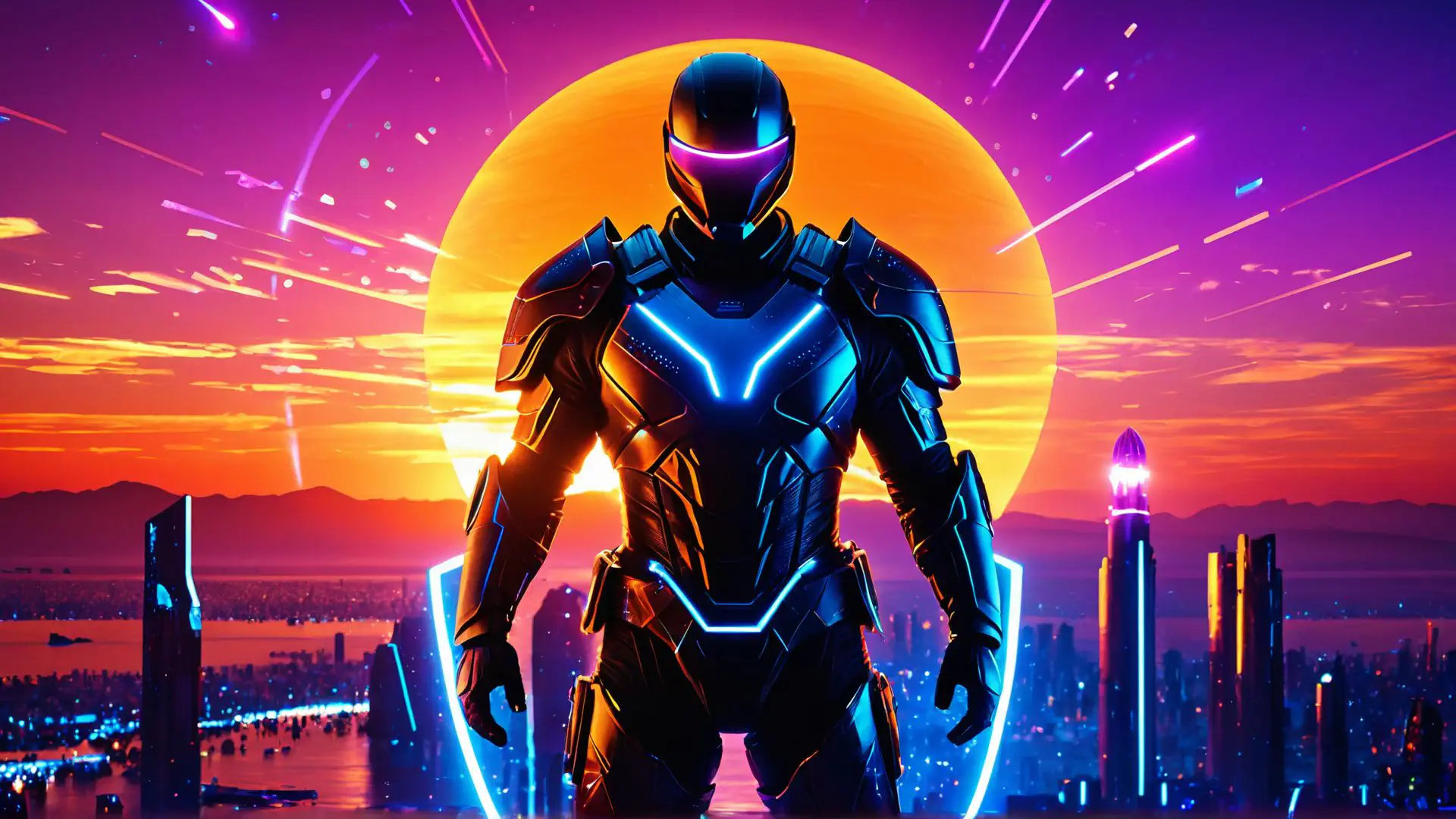 Futuristische robot tegen neon zonsondergang in cyberpunk metropool