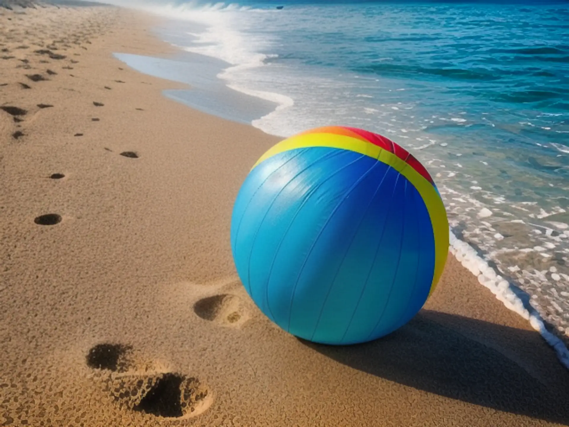 Kleurrijke strandbal op zonnig strand met azuurblauwe zee
