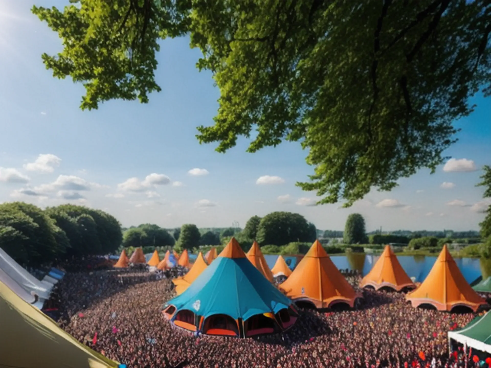 Kleurrijke festivaltenten aan het meer tijdens zomers muziekfestival