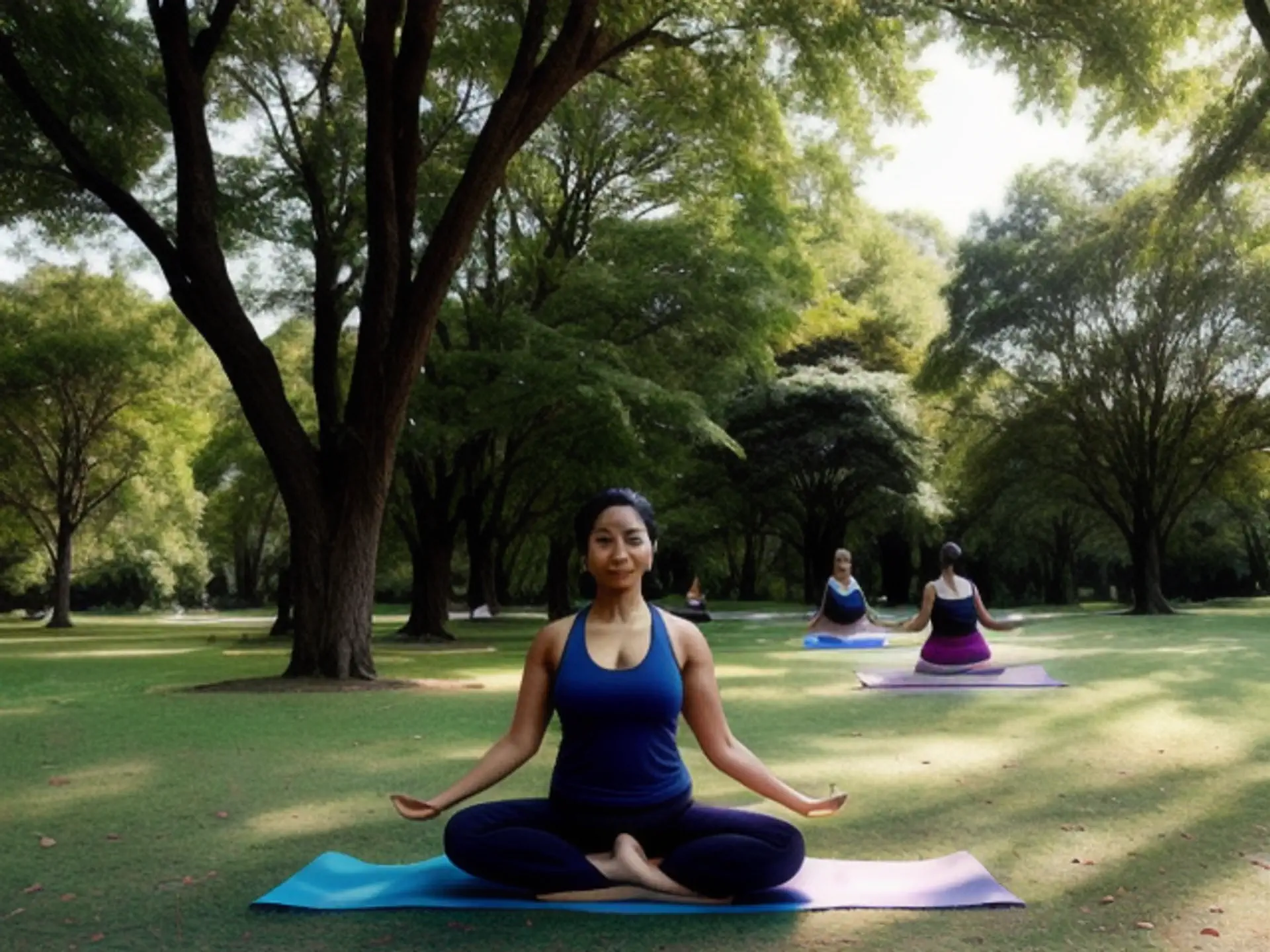 Ontspannende buitenyoga in natuurlijk parklandschap tijdens zomerdag