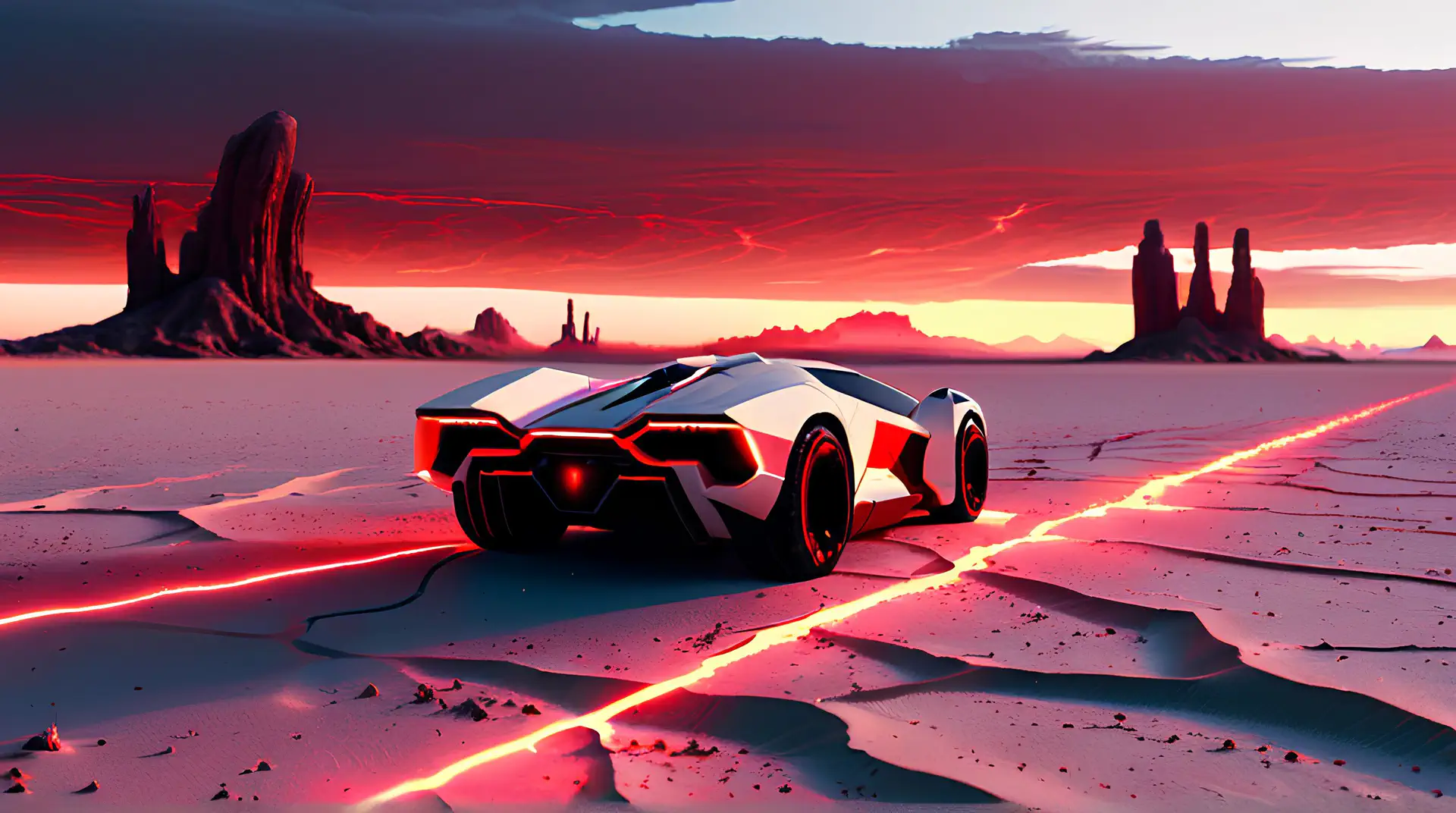Futuristische Hypercar in Monument Valley bij Rode Zonsondergang 4K Wallpaper