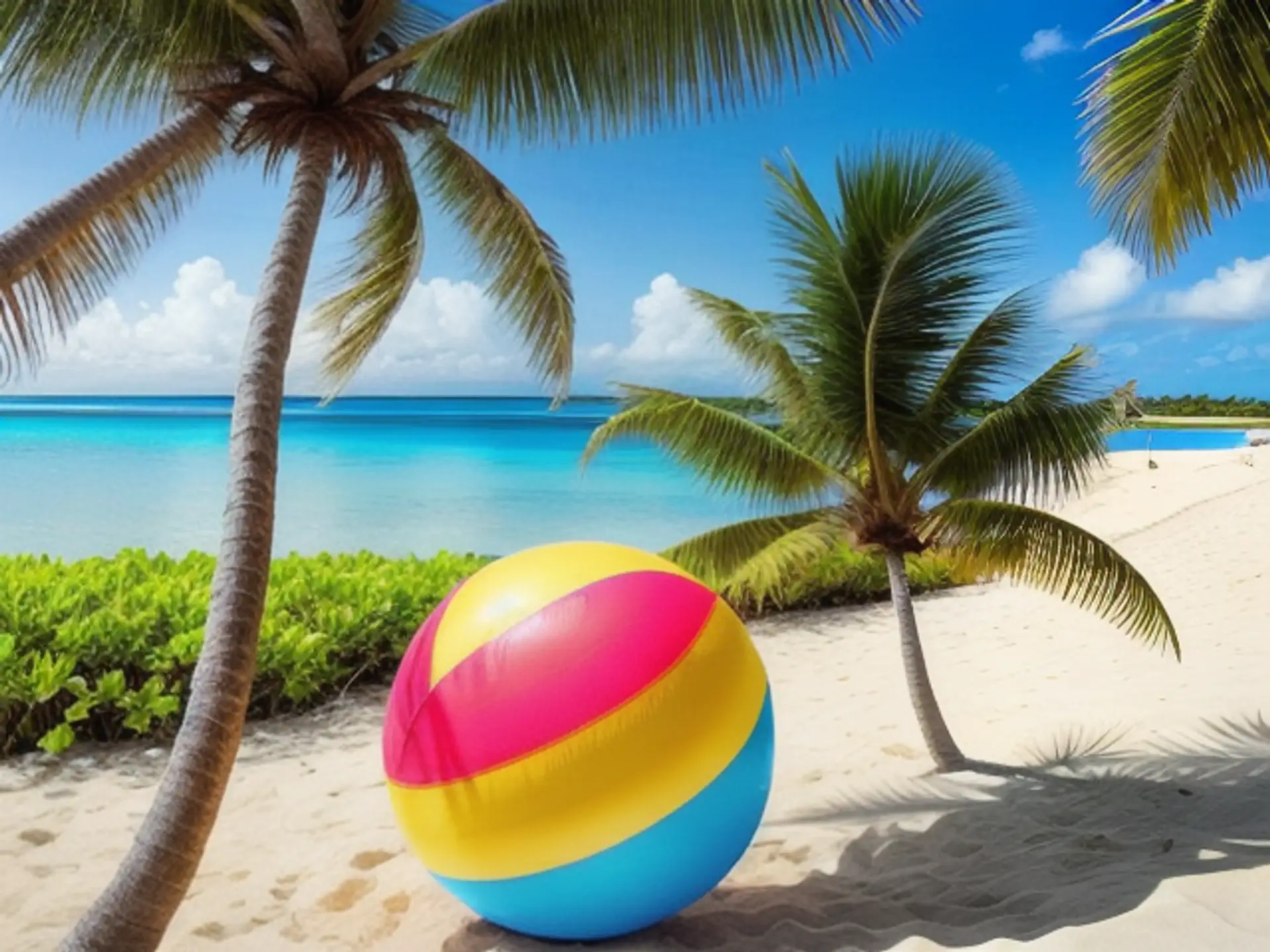 Tropisch strand met kleurrijke strandbal onder wuivende palmbomen