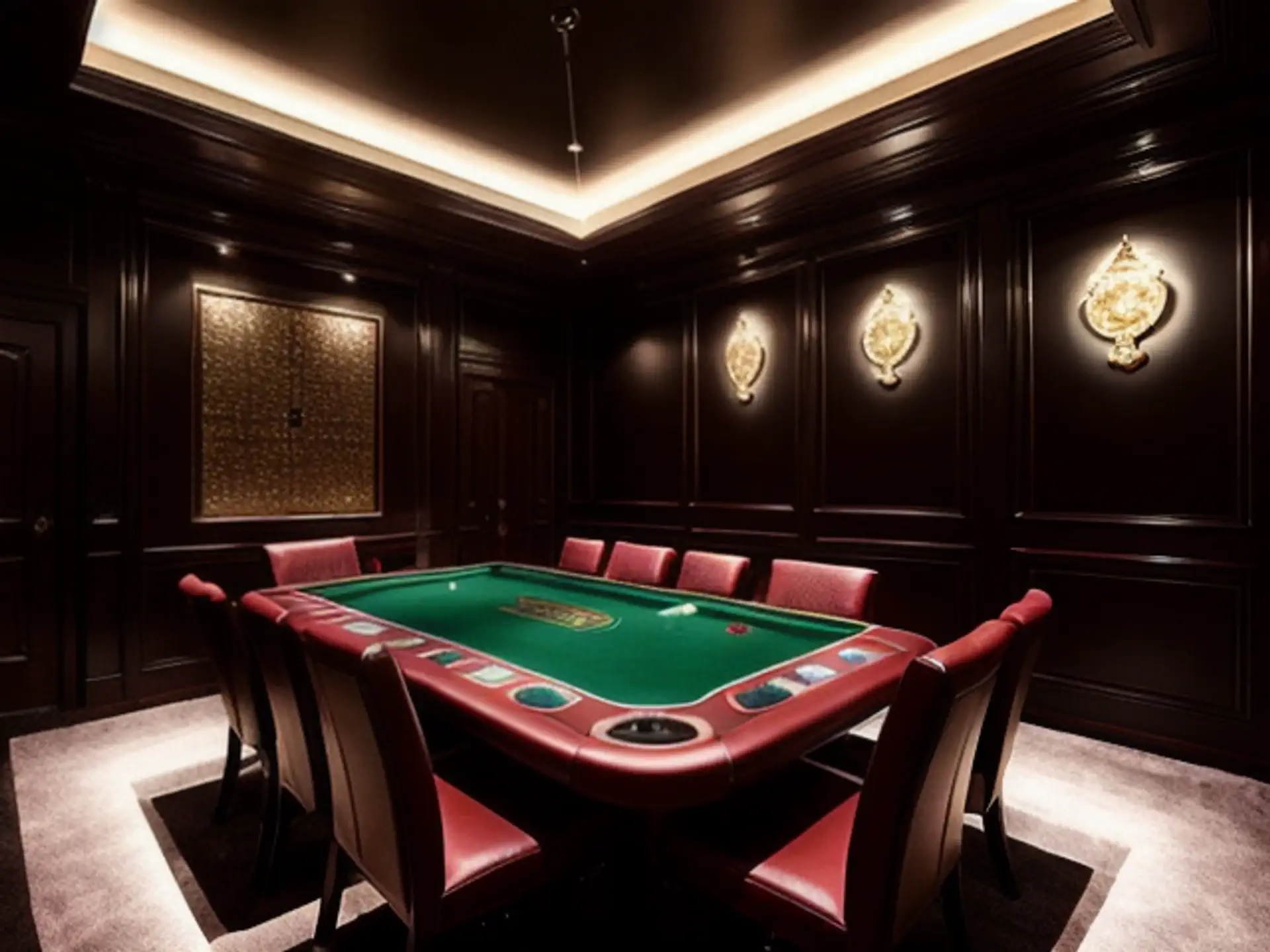 Luxe pokertafel in klassieke speelkamer met stijlvolle wandverlichting