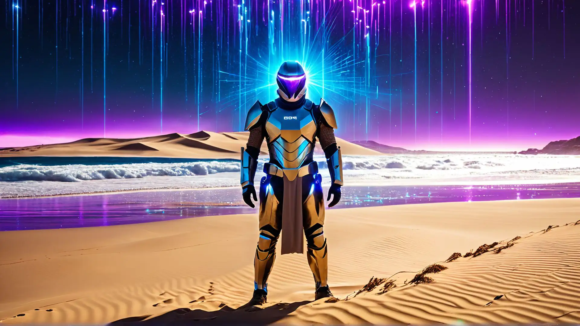 Futuristische robot in woestijnlandschap met neon verlichting