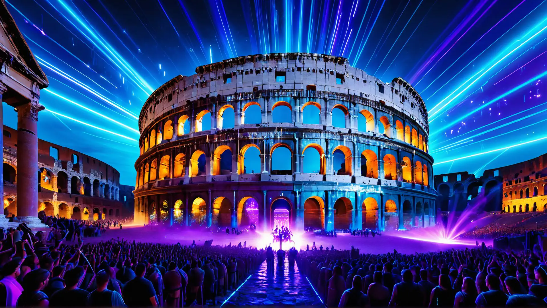 Spectaculair verlicht Colosseum tijdens groots muziekfestival in Rome