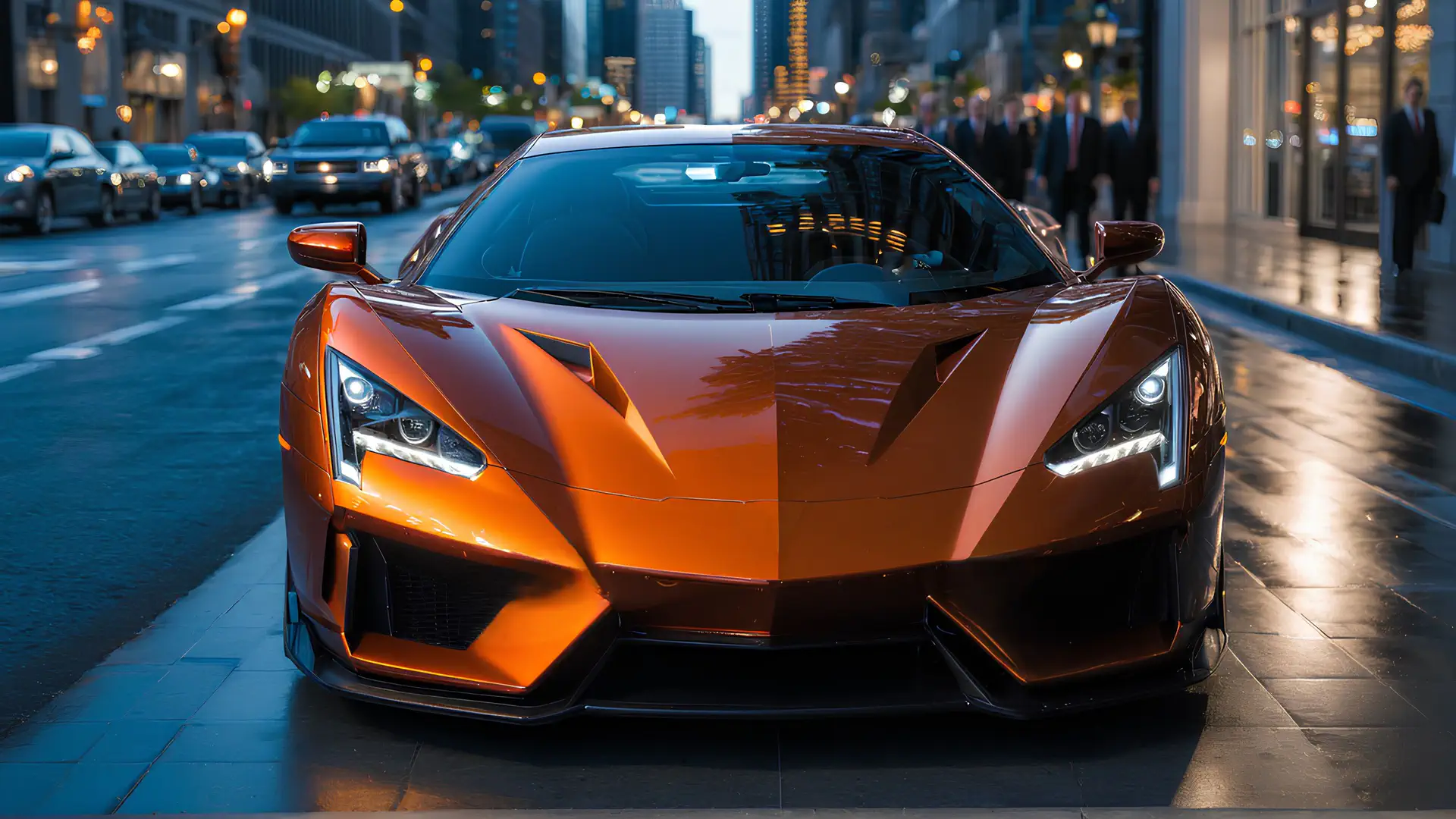 Koper-Oranje Hypercar met Geometrische Voorkant in Stedelijke Avondschemering