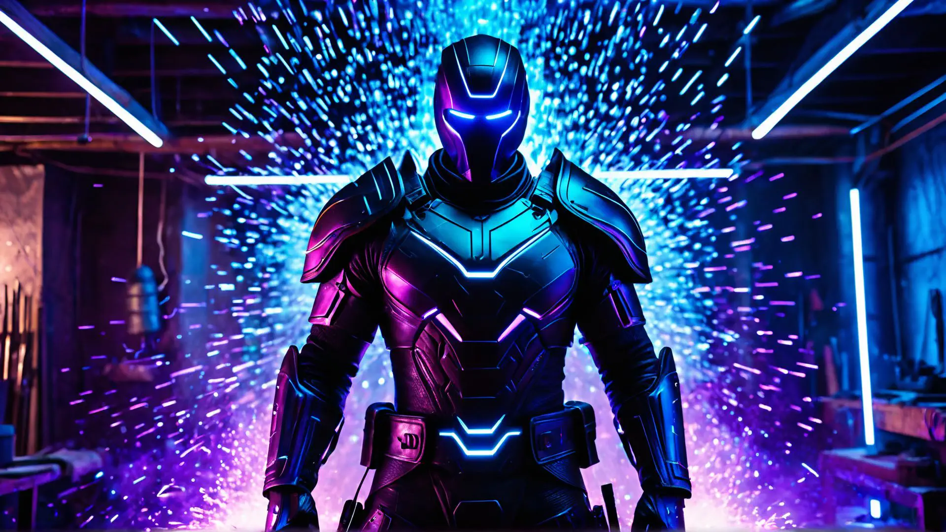 Futuristisch robotharnas met neon verlichting in cyberpunk setting
