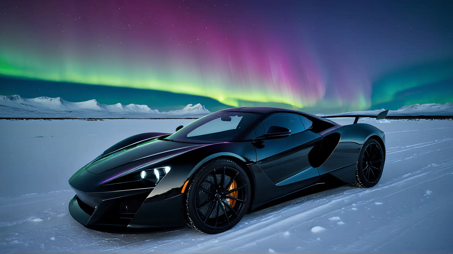 Iriserende Zwarte Hypercar onder Groene Aurora Borealis in IJslandschap