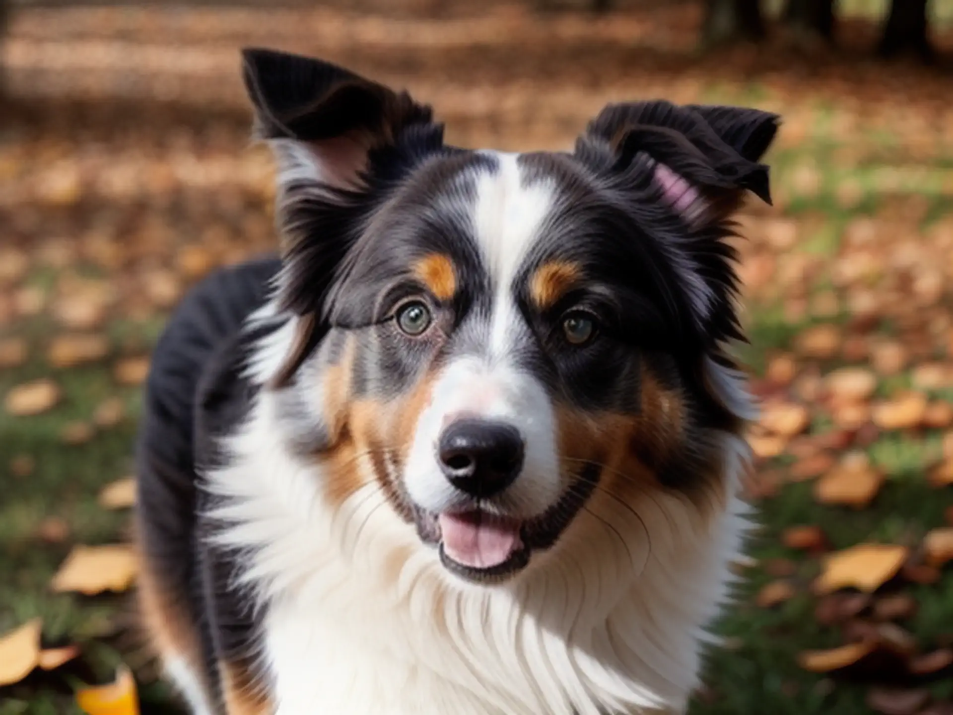 Vrolijke Australian Shepherd in herfsttafereel met gevallen bladeren