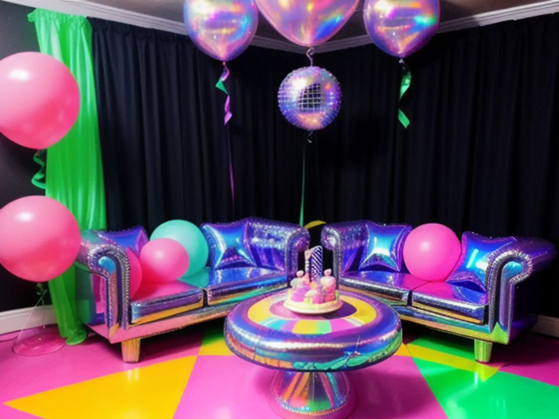 Kleurrijke disco feestdecoratie met holografische lounge en ballonnen