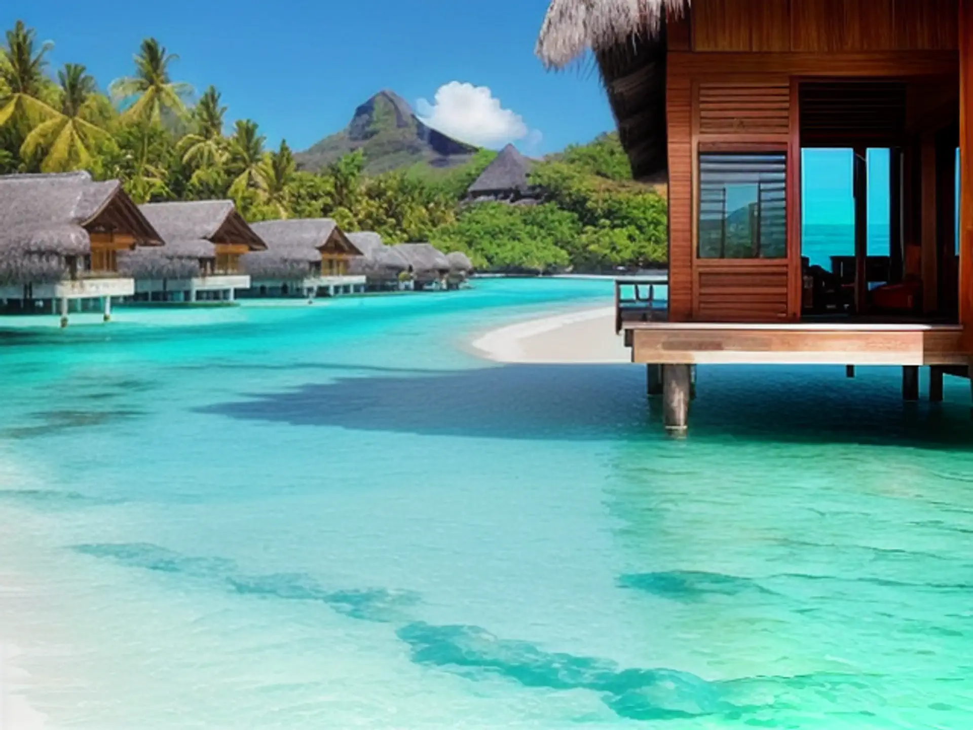 Luxe watervilla's op tropisch eiland met turquoise lagune en palmbomen
