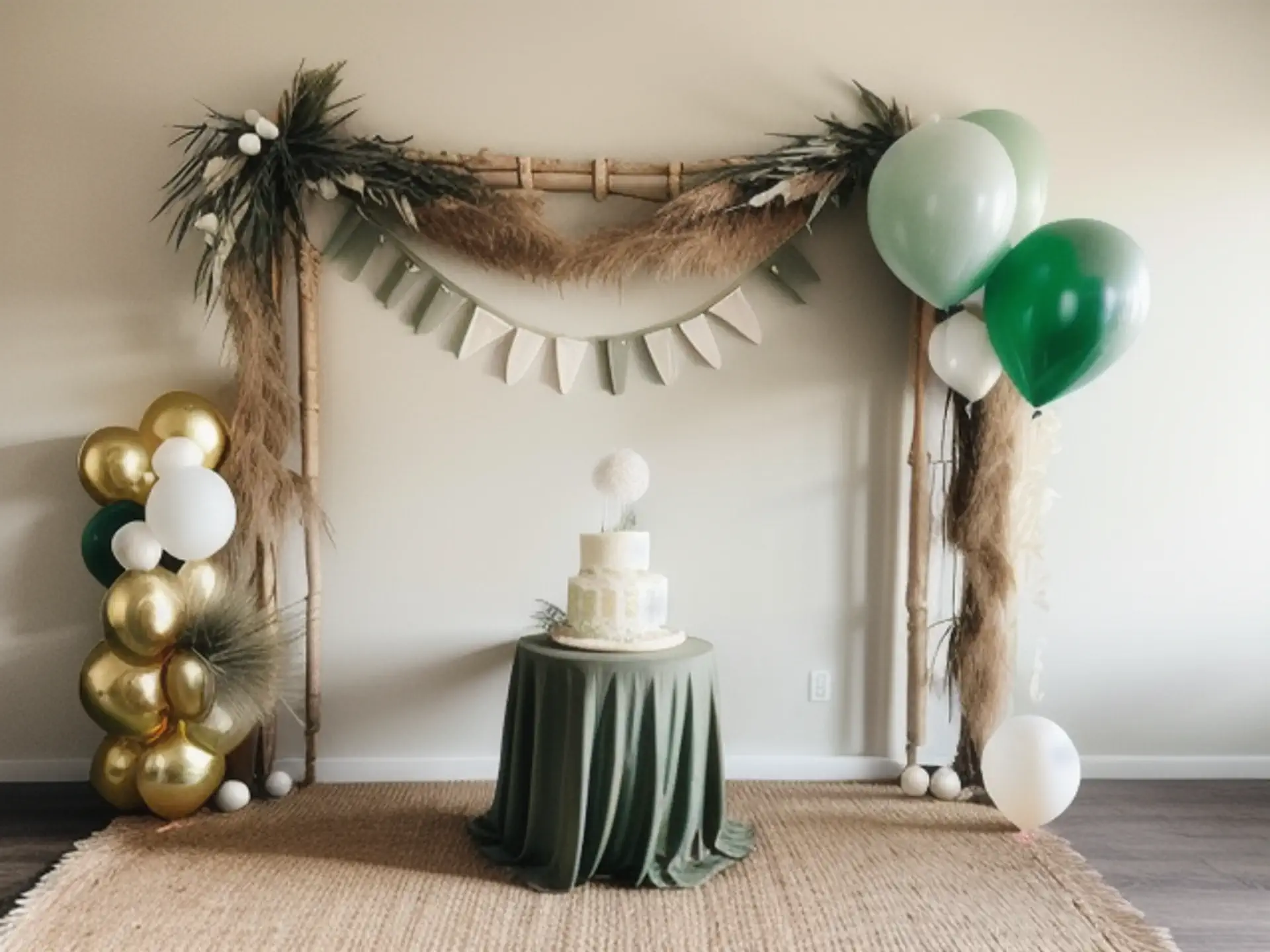 Bohemian feestdecoratie met bamboe boog en luxe ballonnendecor