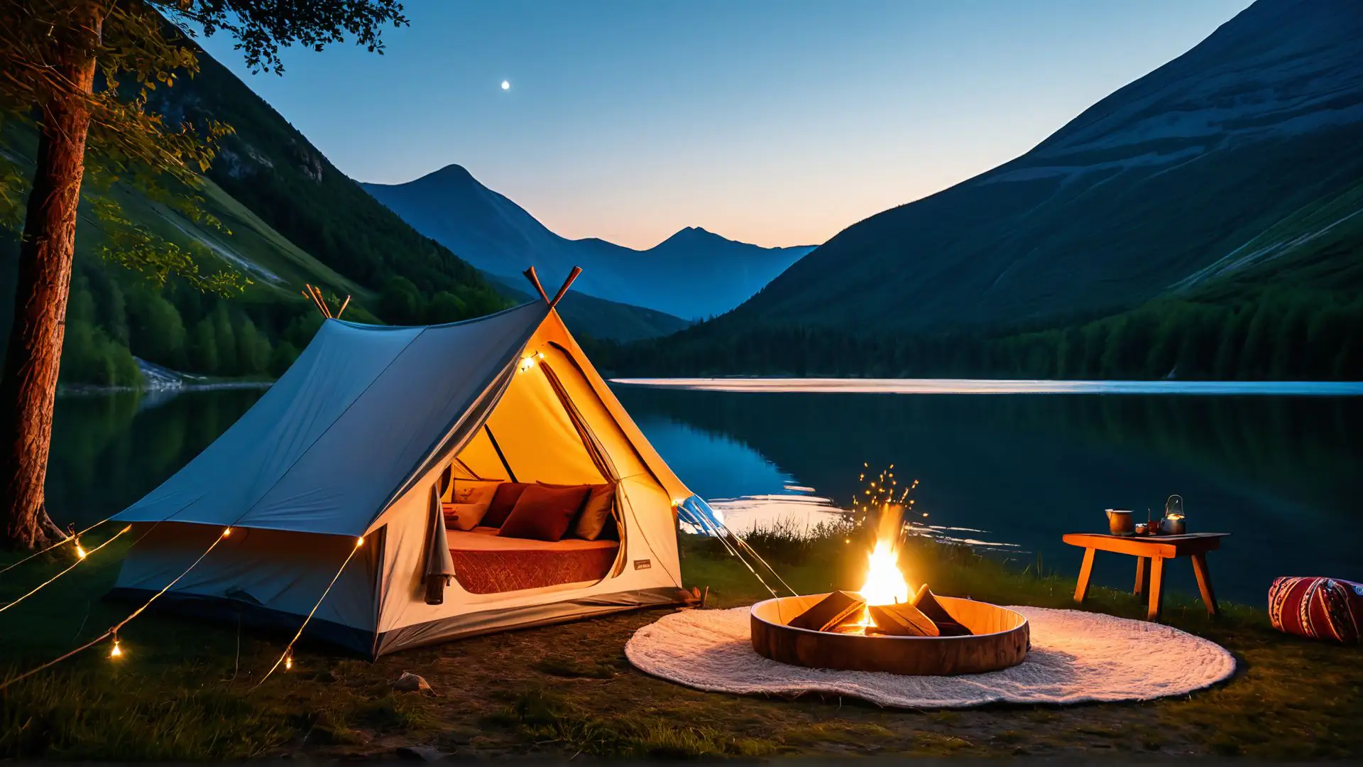 Luxe glamping tent aan bergmeer met kampvuur tijdens zonsondergang