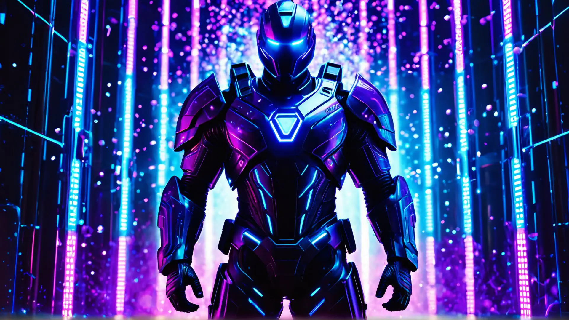 Futuristisch robotharnas in neon paars en blauw met lichteffecten