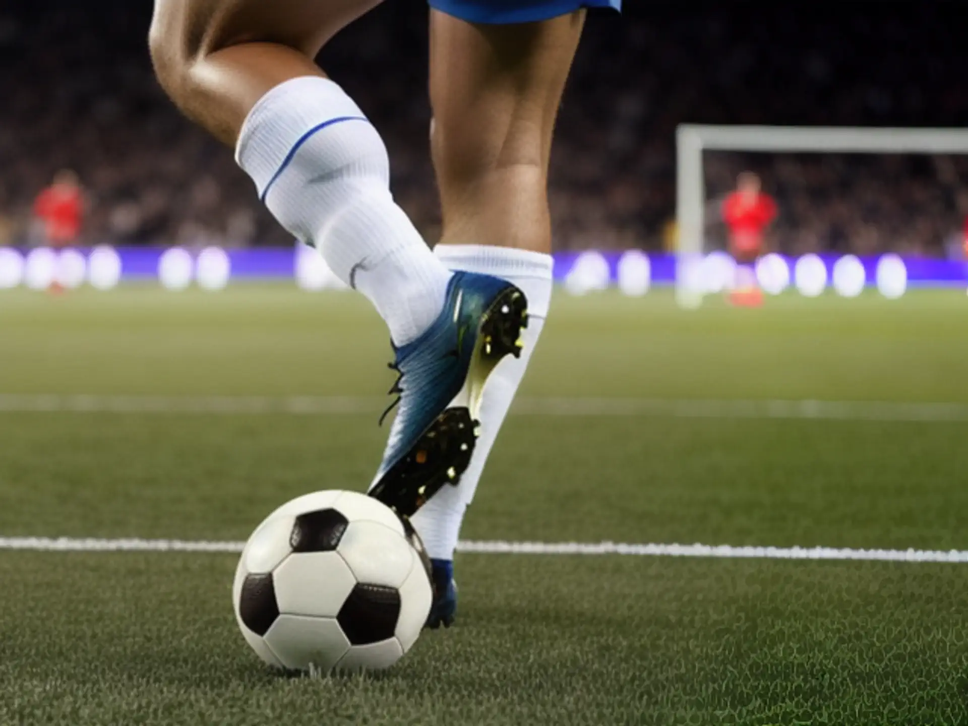 Voetbalschoen met bal op kunstgrasveld tijdens professionele wedstrijd