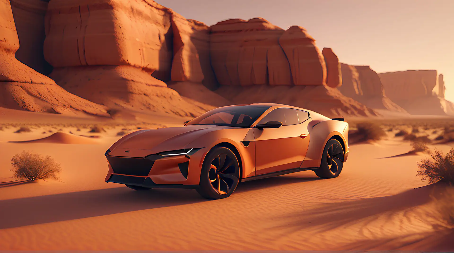 Oranje Elektrische Sportwagen in Woestijnlandschap 4K Wallpaper