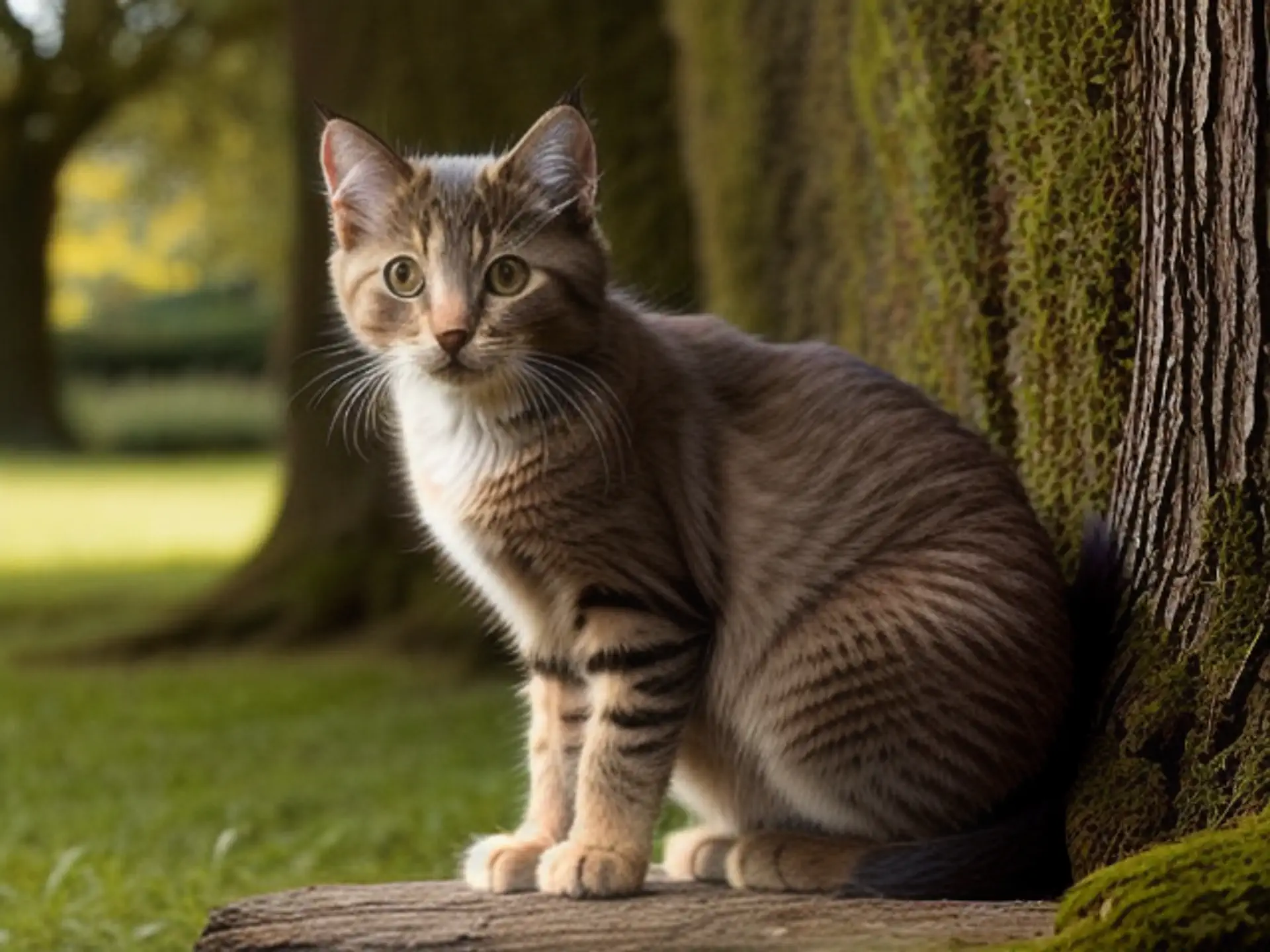 Gestreepte kat poseert elegant bij bemoste boom