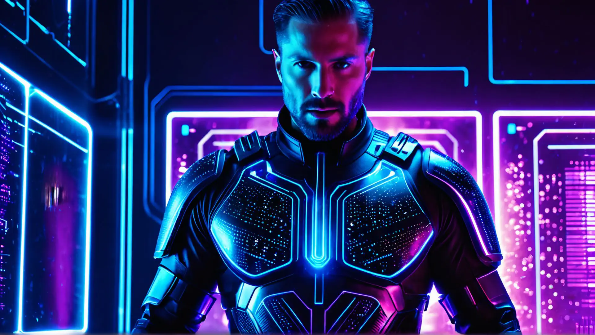 Futuristische cyberpunk krijger in neon verlicht sci-fi landschap