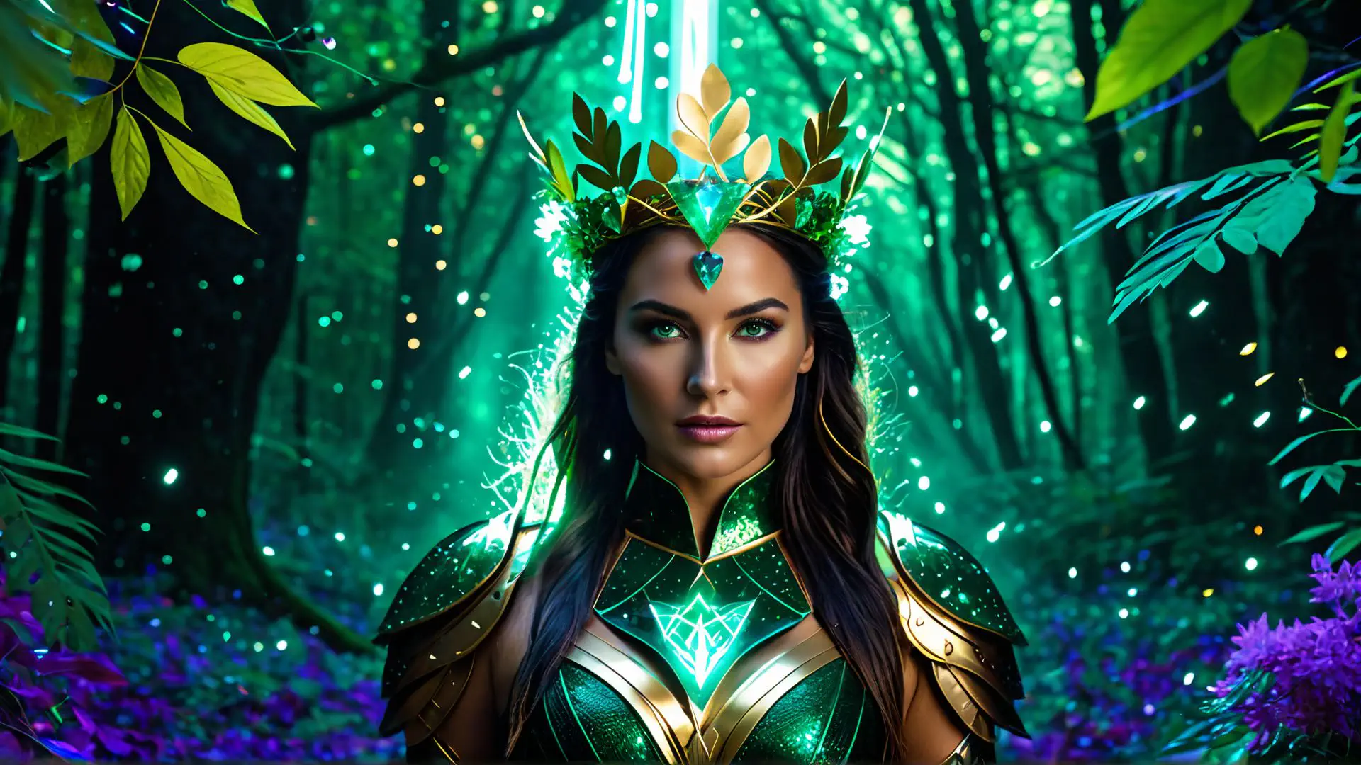 Magische bosfee in smaragdgroene fantasy kostuumfotografie