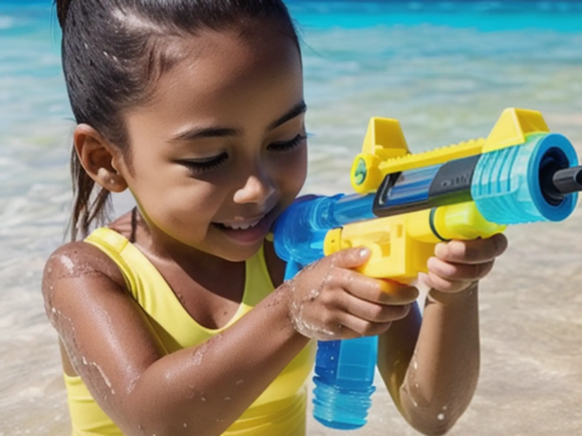 Zomers waterpistool plezier aan zee met vrolijk spelend kind