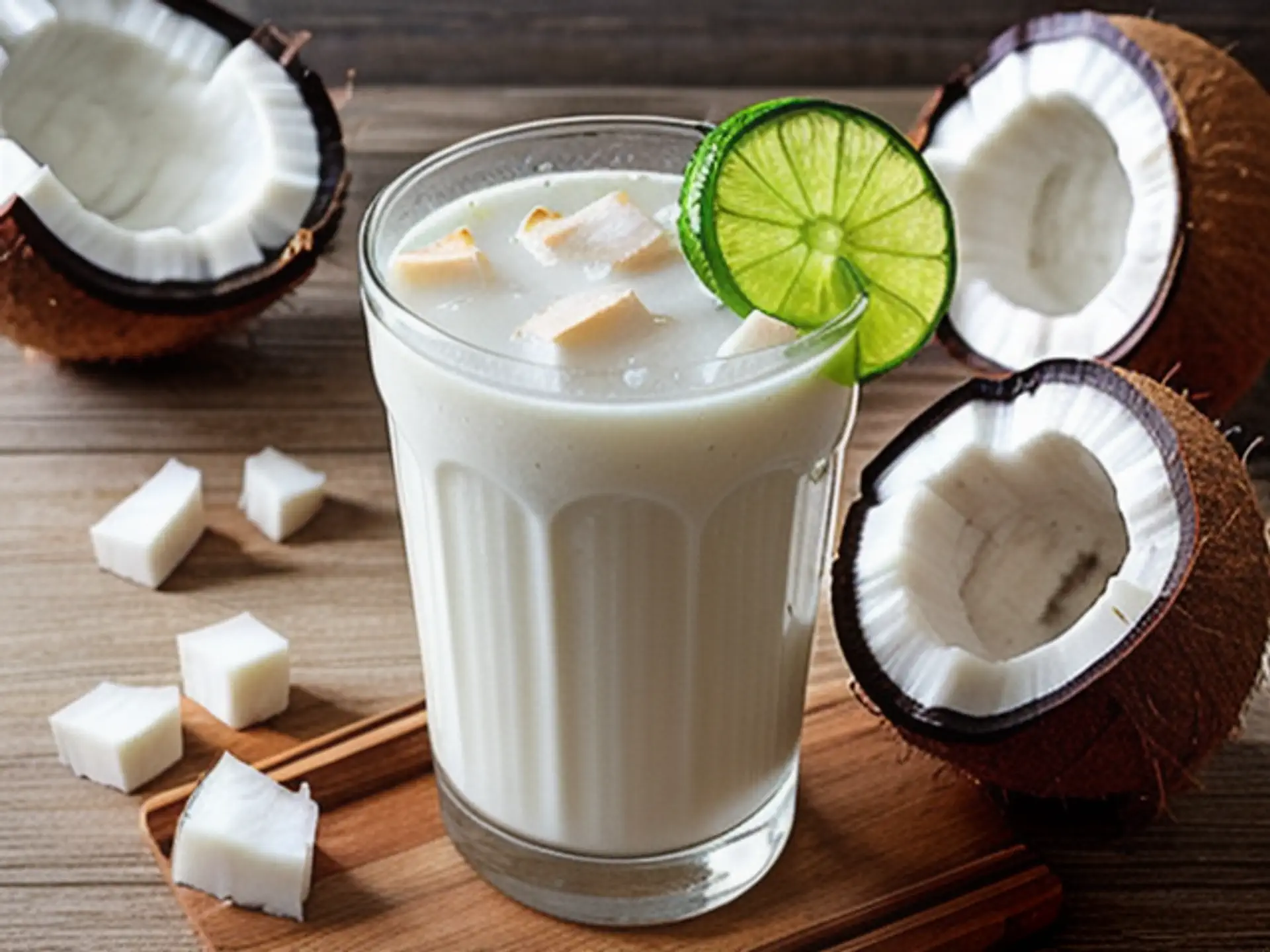 Verfrissende kokosmelk smoothie met limoen en vers kokosvruchtvlees