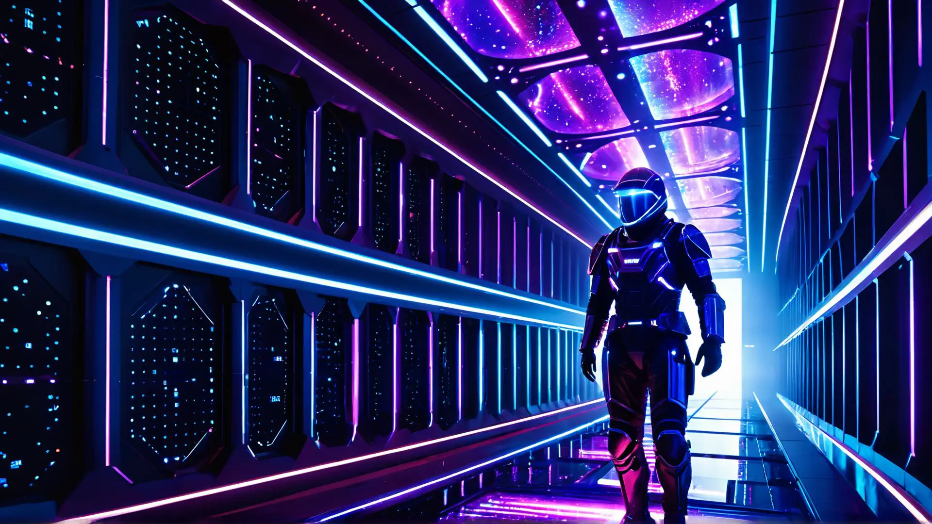 Futuristische ruimtecorridor met neonverlichting en astronaut artwork