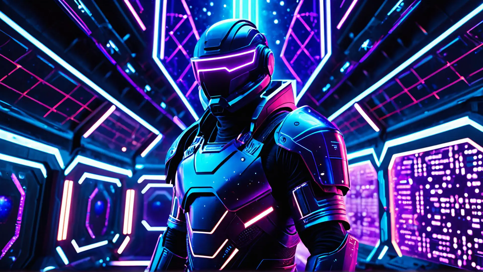 Futuristische cyberpunk krijger in neon verlichte sci-fi omgeving
