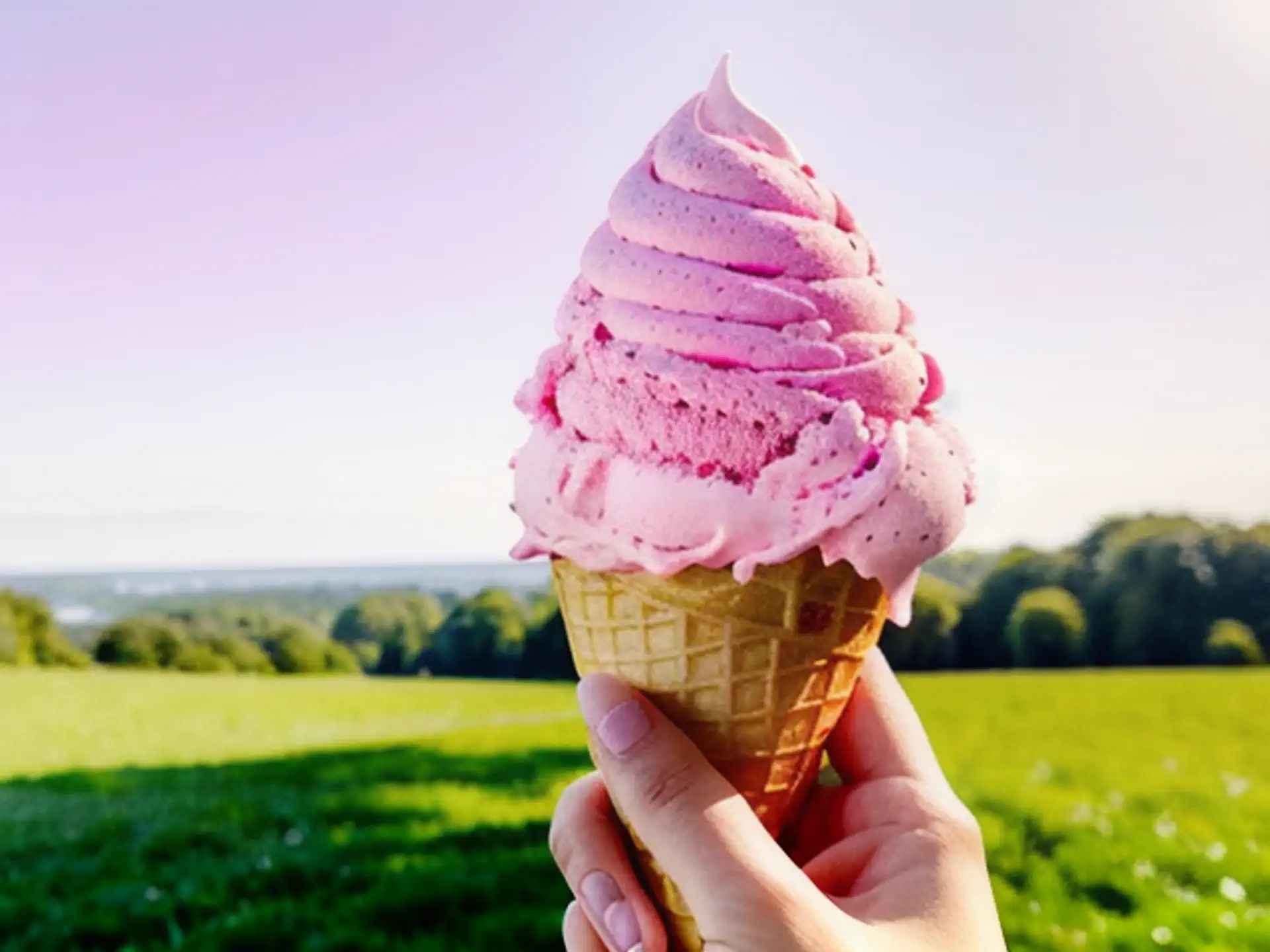 Zomers roze softijs in hoorntje tegen groene natuurachtergrond