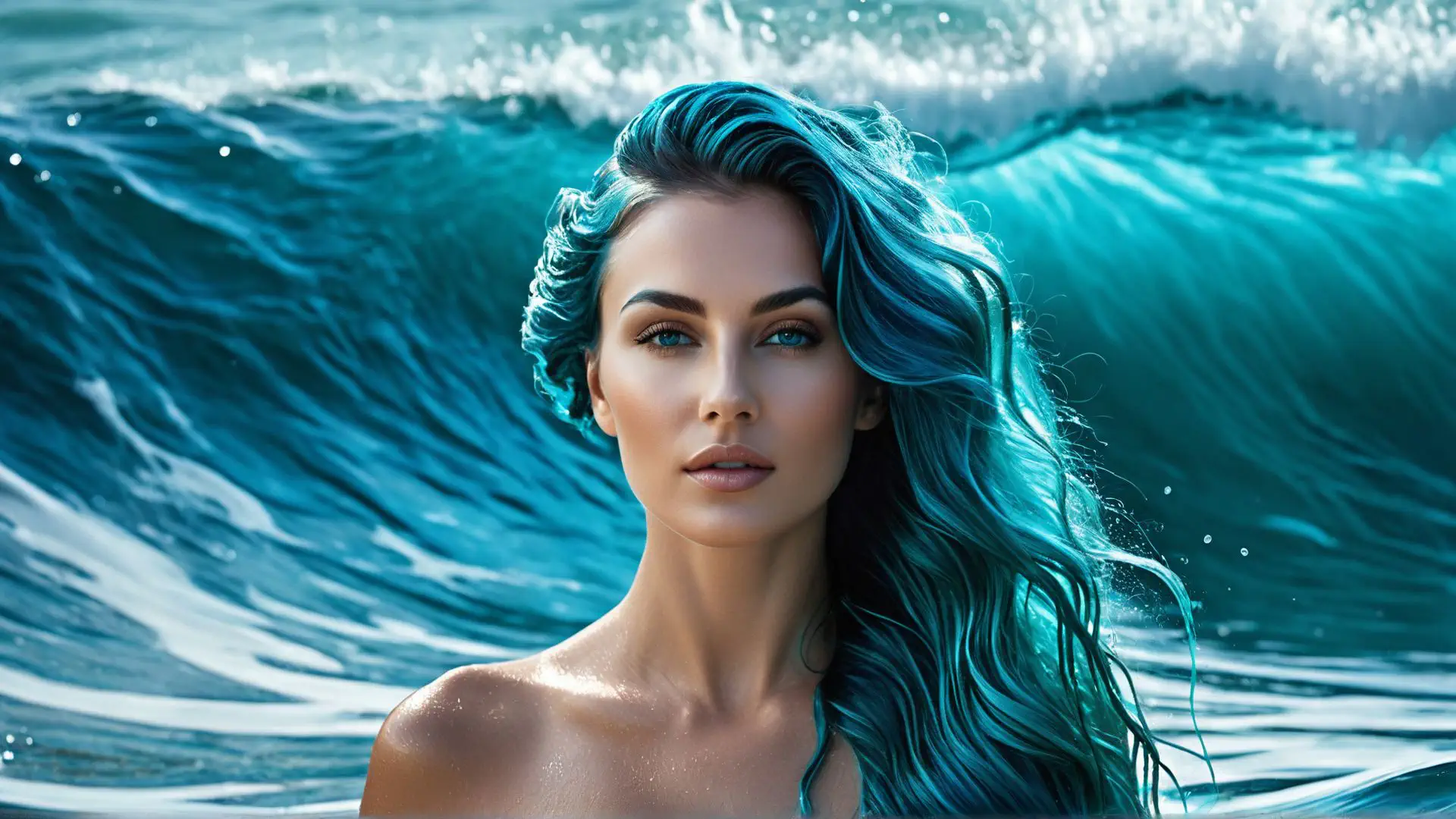 Turquoise zeemeermin fantasie portret met golvende oceaan achtergrond