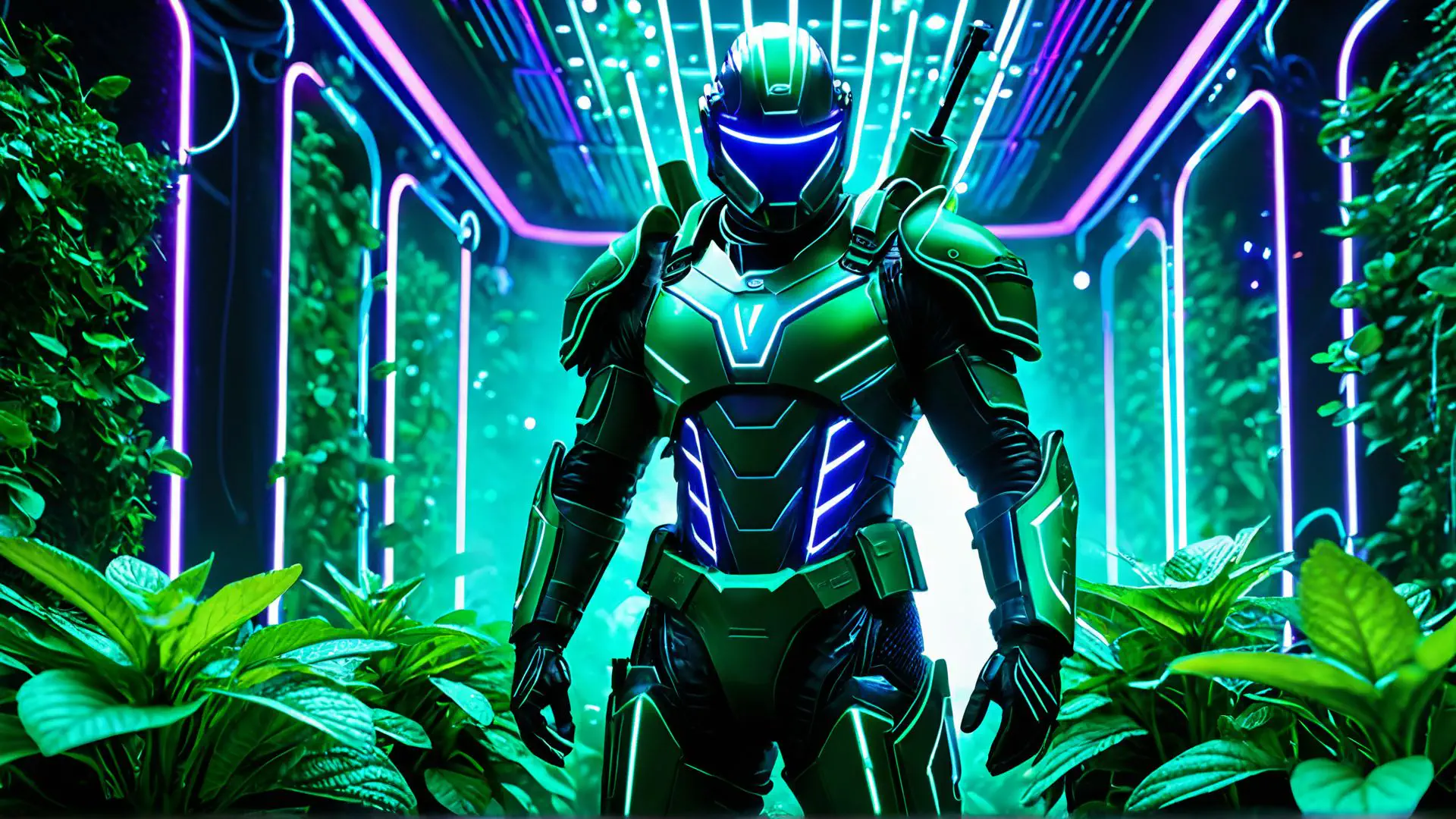 Futuristisch gevechtsharnas in neon jungle met cyberpunk uitstraling