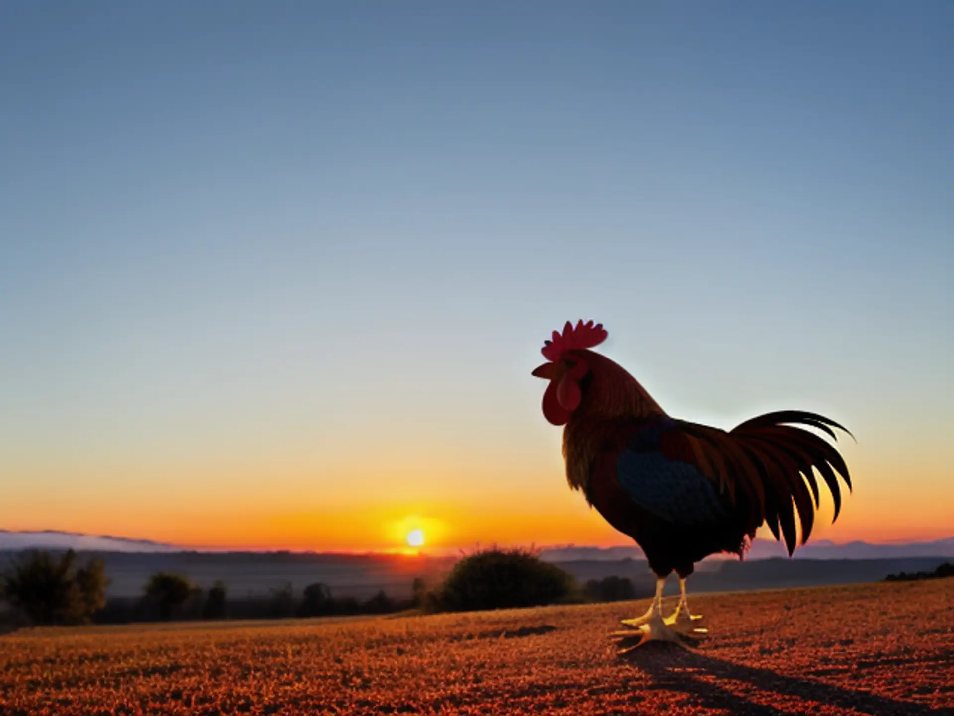 Trotse haan bij zonsopgang op boerenerf met kleurrijke ochtendlucht