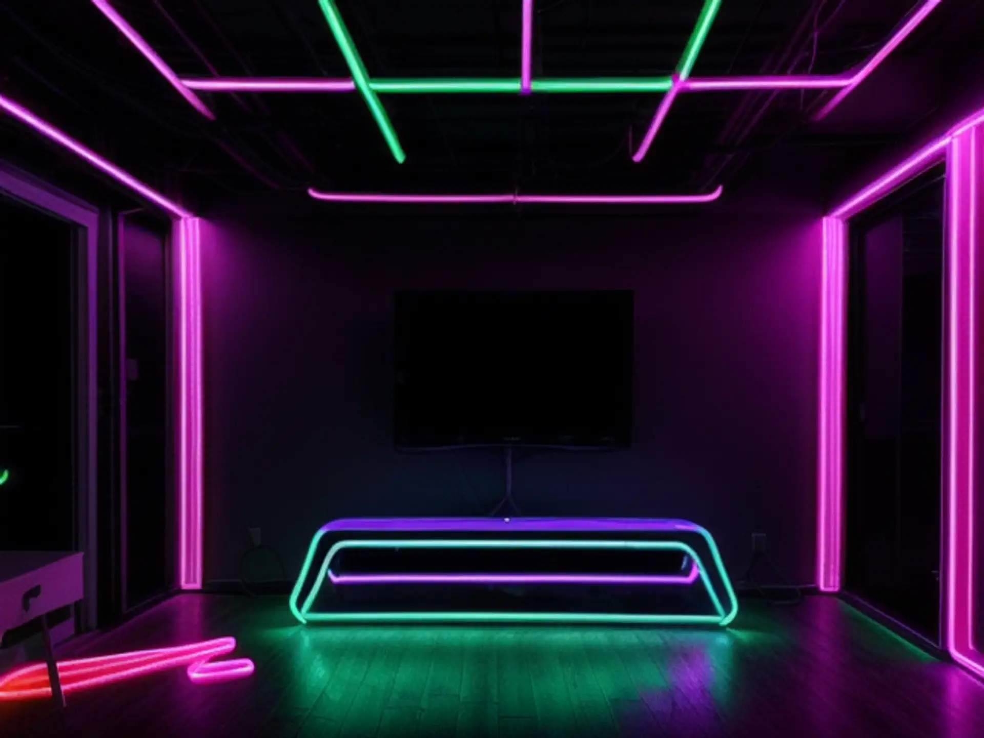 Futuristische gameruimte met neonverlichting en LED-design meubels