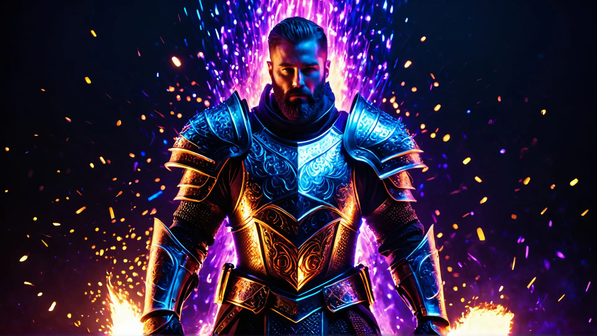 Epische fantasy krijger in magisch glanzend harnas met neon effecten
