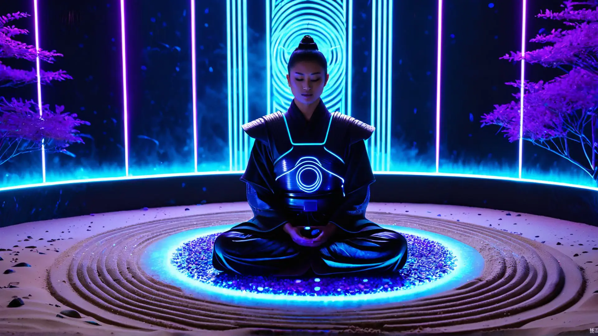 Futuristische meditatie in neonverlichte Japanse zen-tuin