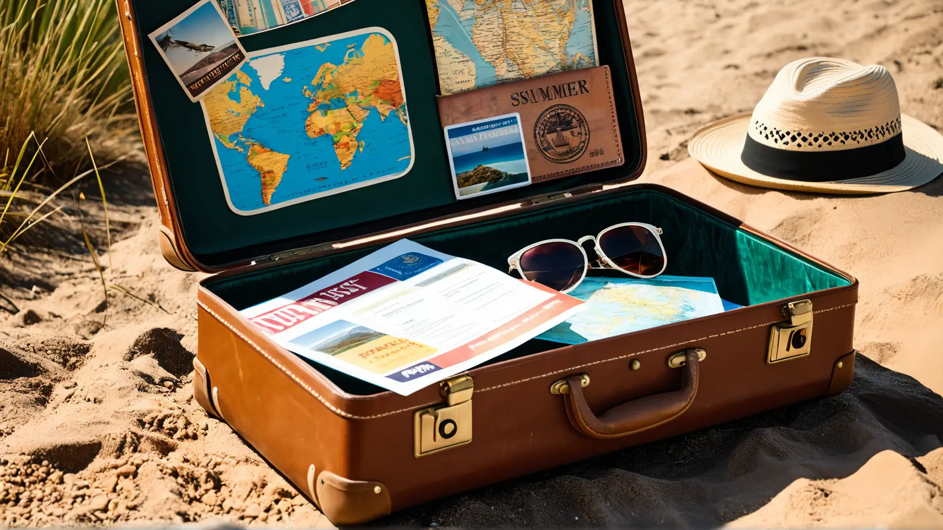 Vintage koffer met wereldkaart en reisaccessoires op zonnig strand