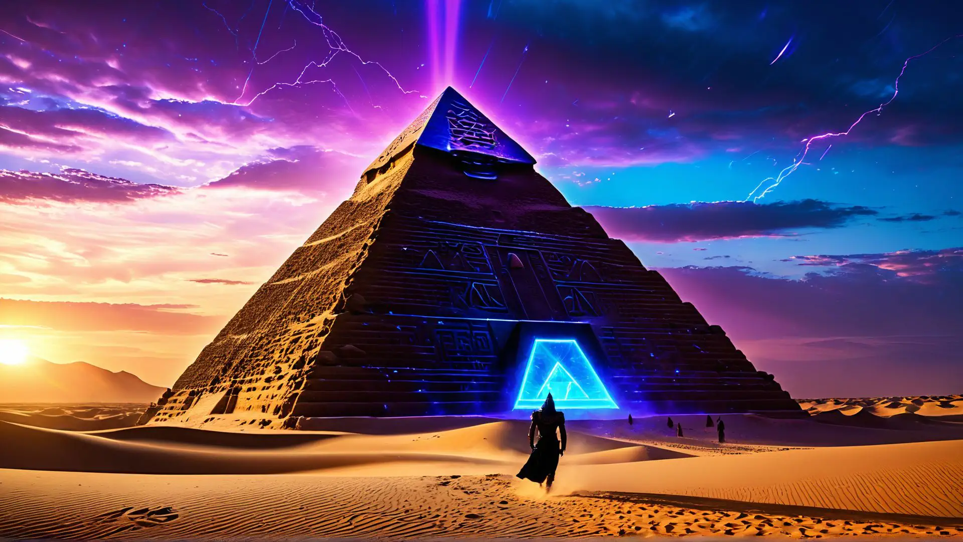 Mysterieuze piramide met neon verlichting in Egyptische woestijn