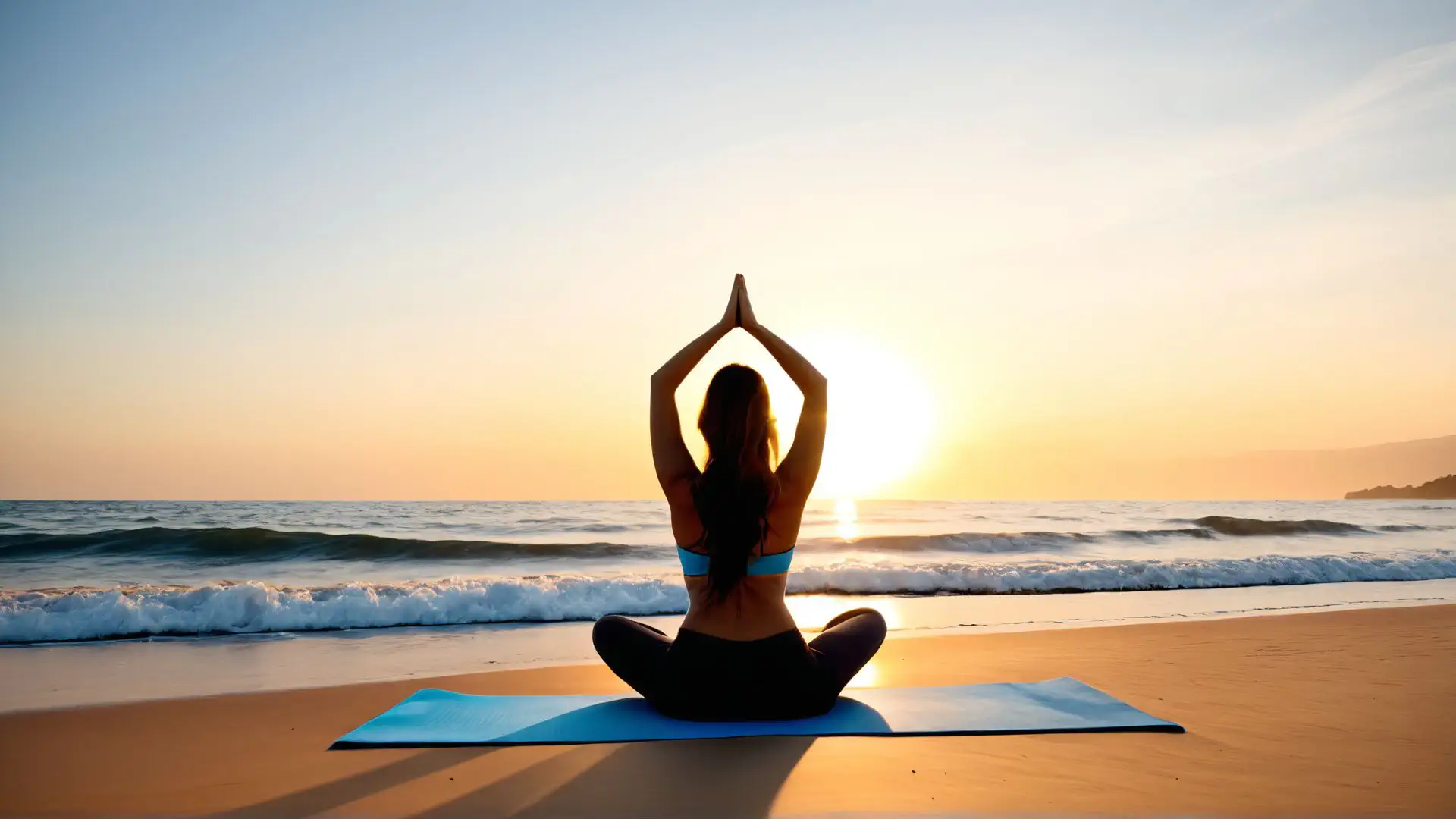 Yoga meditatie op strand tijdens zonsopgang aan de kust