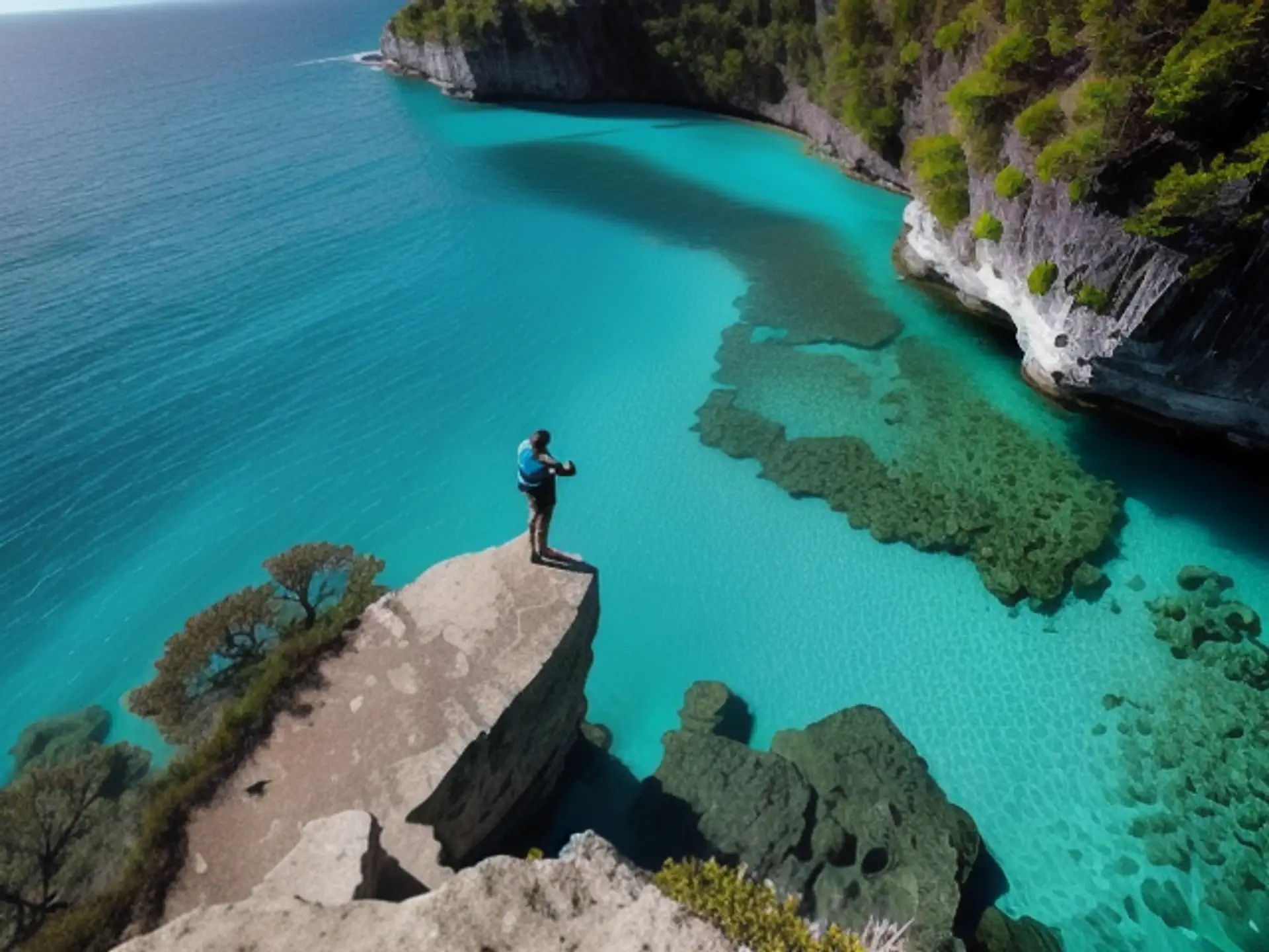 Adembenemend uitzicht over turquoise baai vanaf rotsachtige klif
